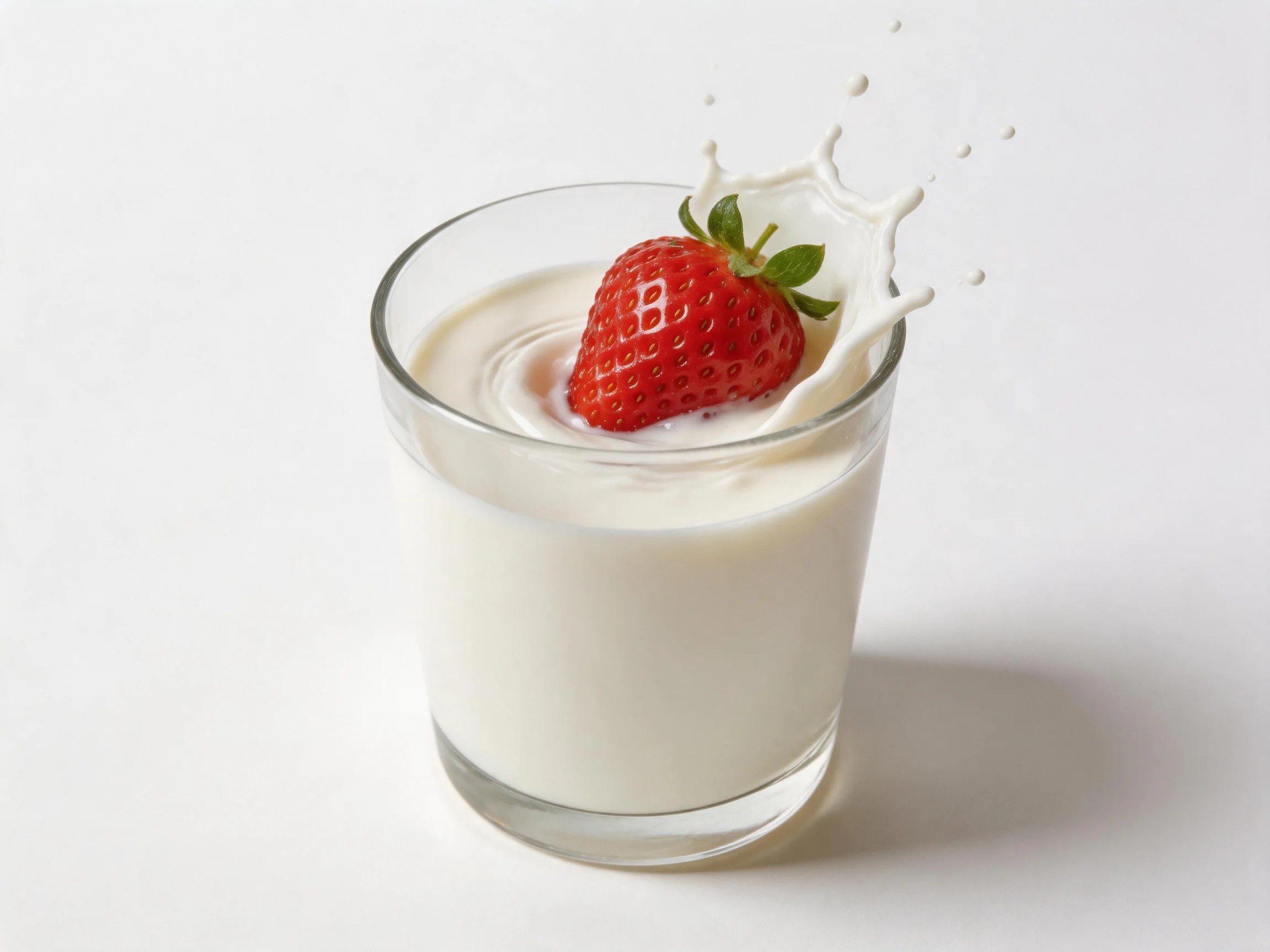 A glass of creamy white milk with a bright red strawberry splashing into it