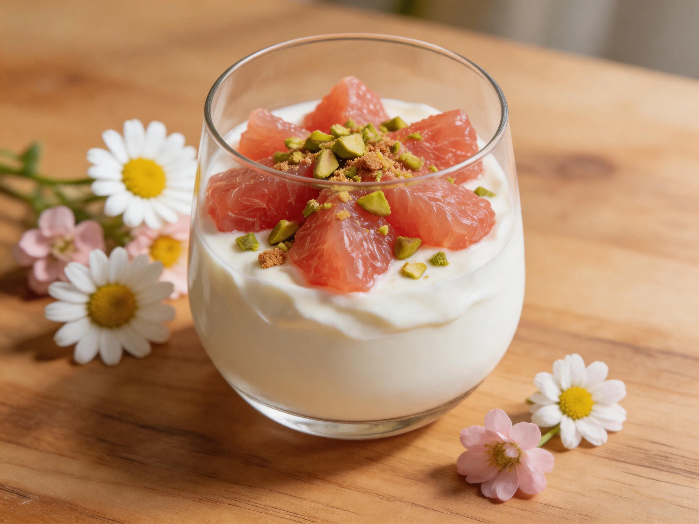A glass of creamy yogurt topped with pink grapefruit and pistachios, near white daisies