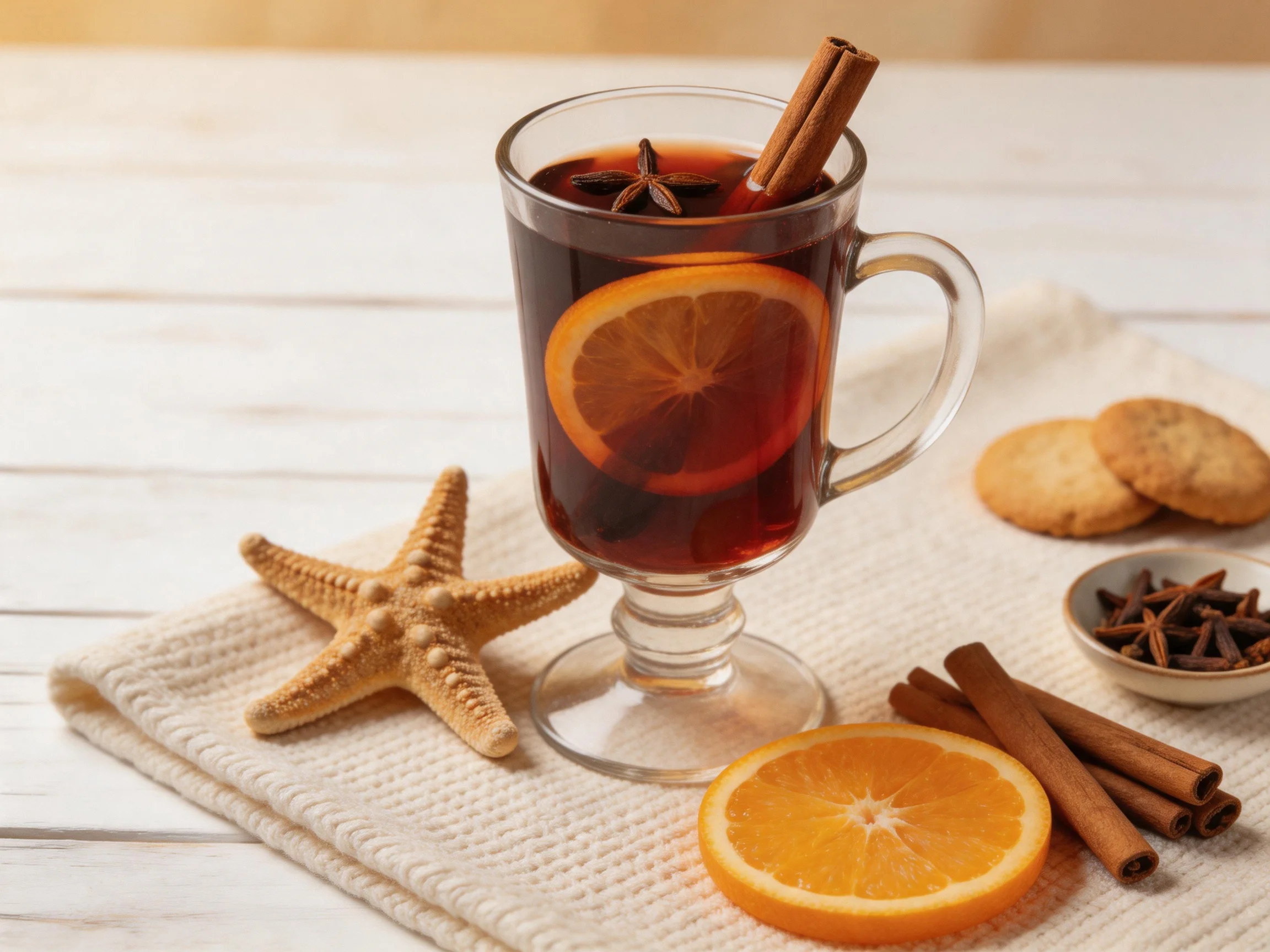 A glass of dark mulled wine with orange slices, cinnamon, and star anise