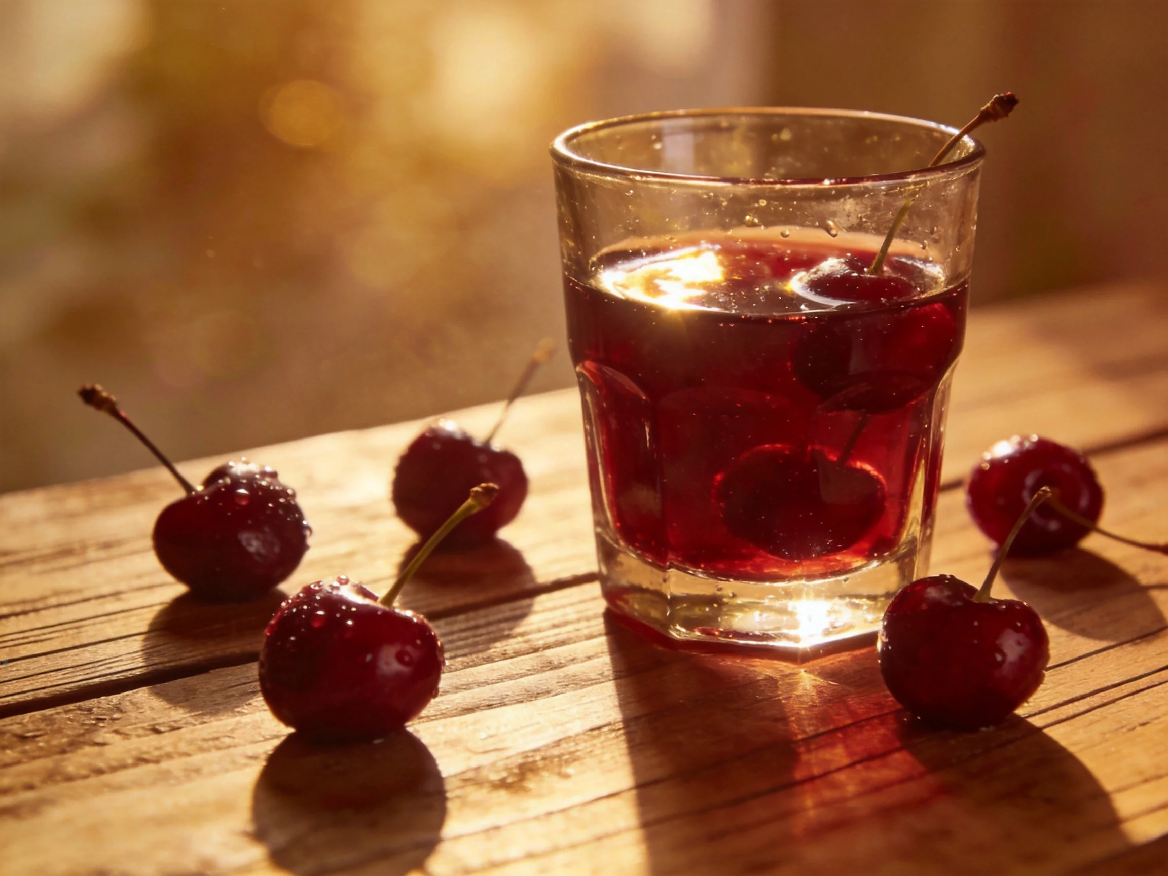 A glass of deep red cherry drink with fresh cherries on a wooden table