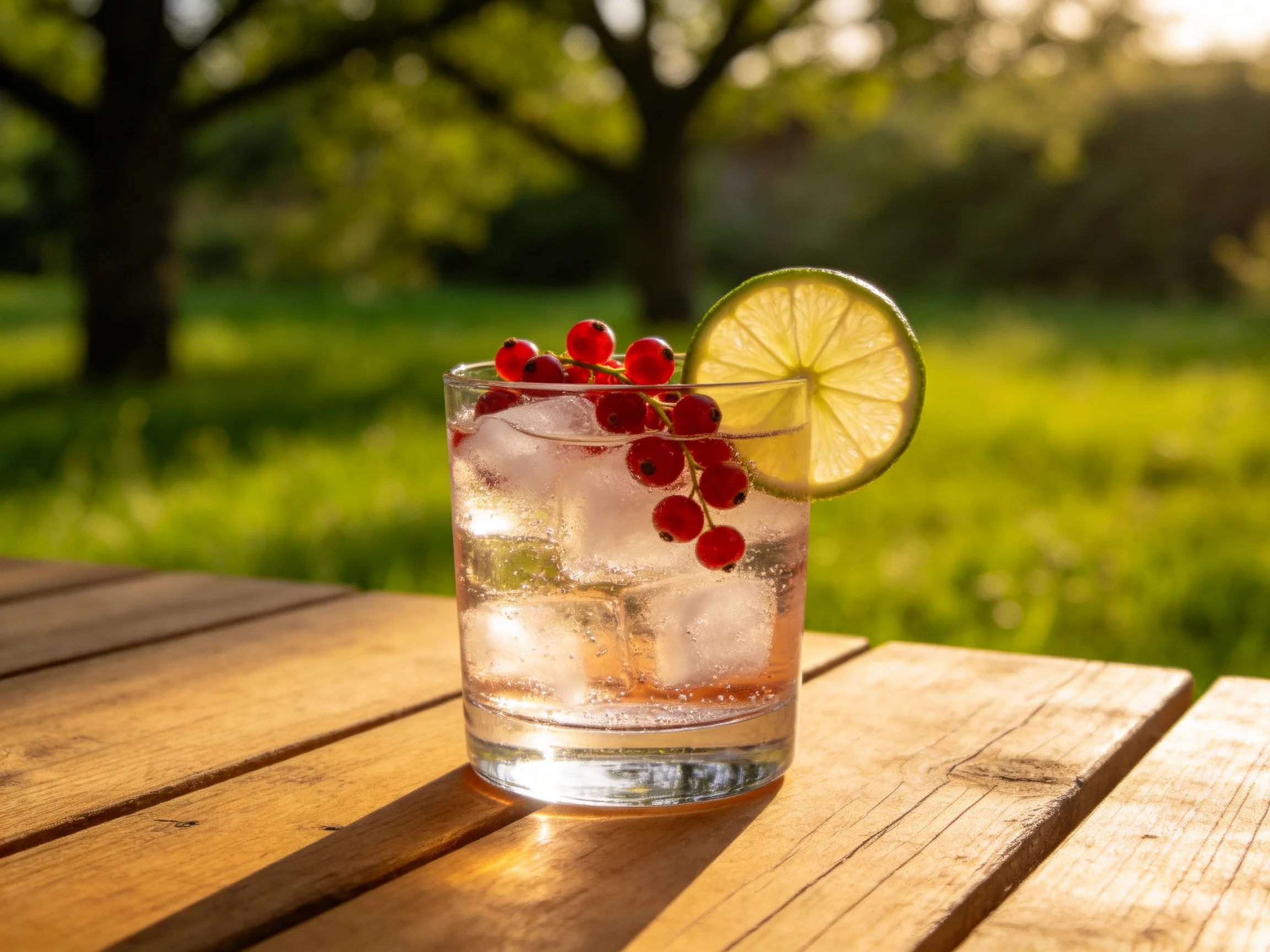 A glass of iced drink with red berries and lime slice on wooden table