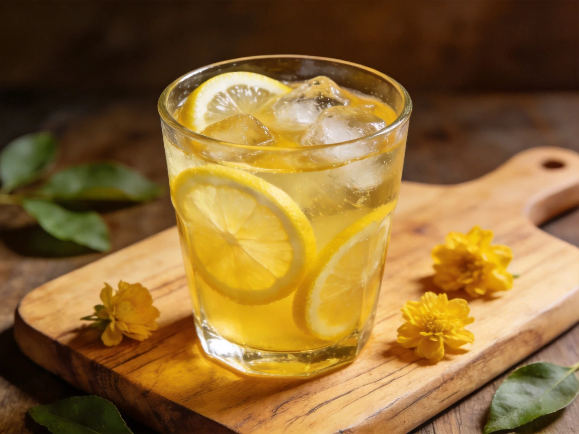A glass of lemonade with ice, lemon slices, and yellow flowers on a wooden board