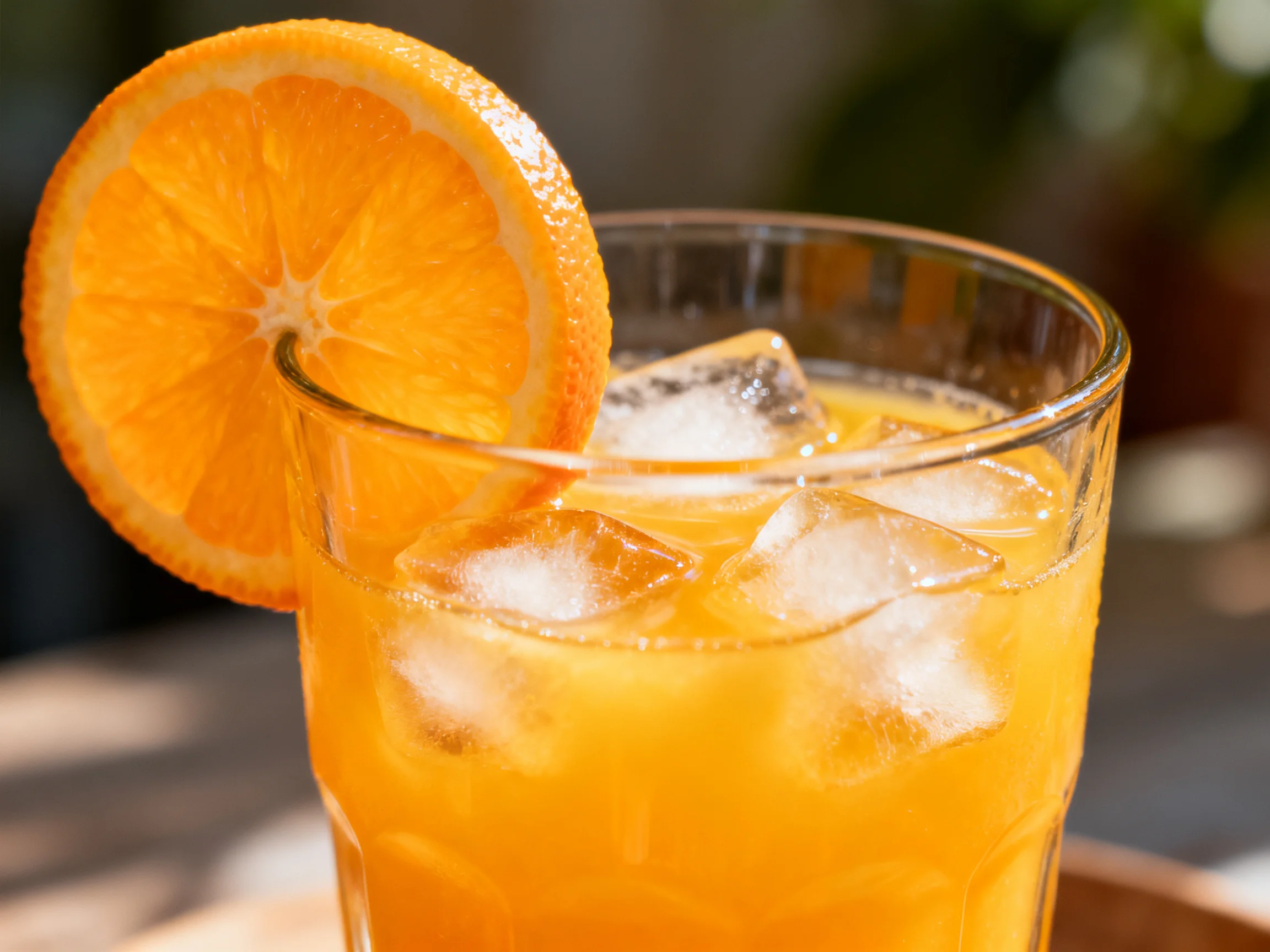 A glass of orange drink with ice and orange slice