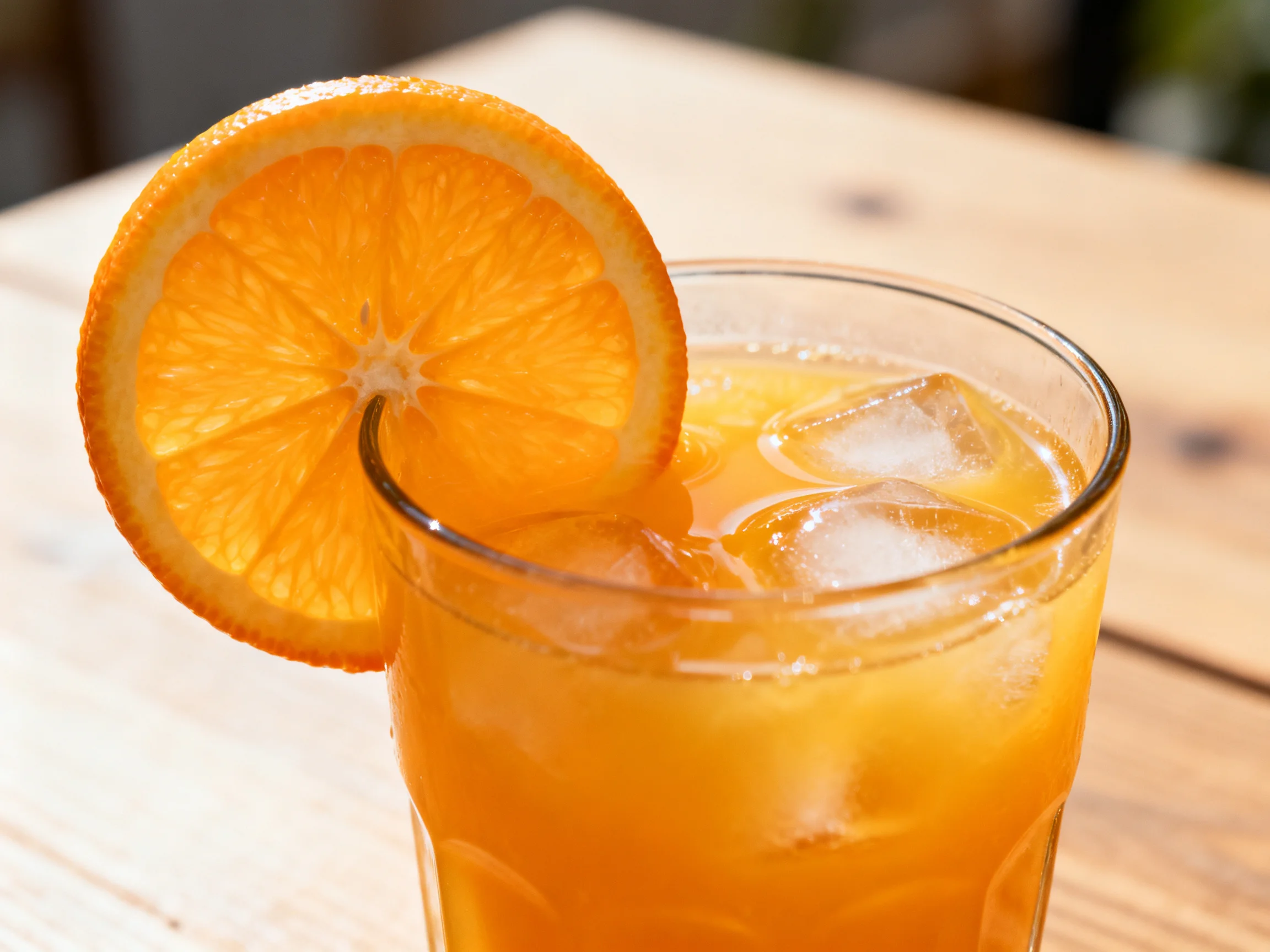 A glass of orange juice garnished with a fresh orange slice