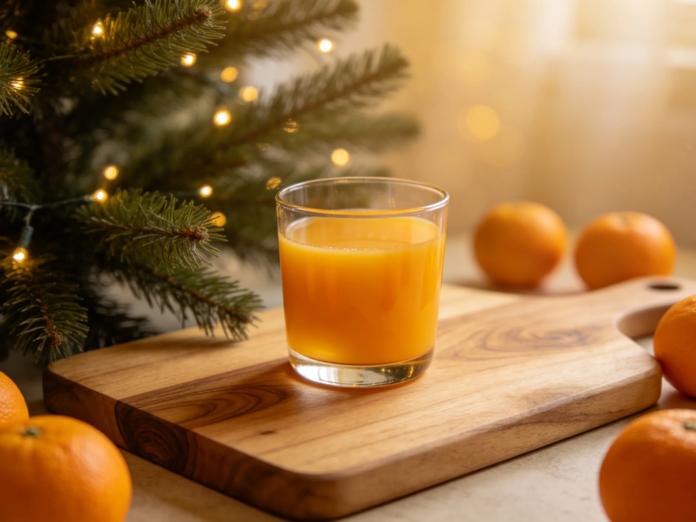 A glass of orange juice on a wooden board near a lit evergreen tree