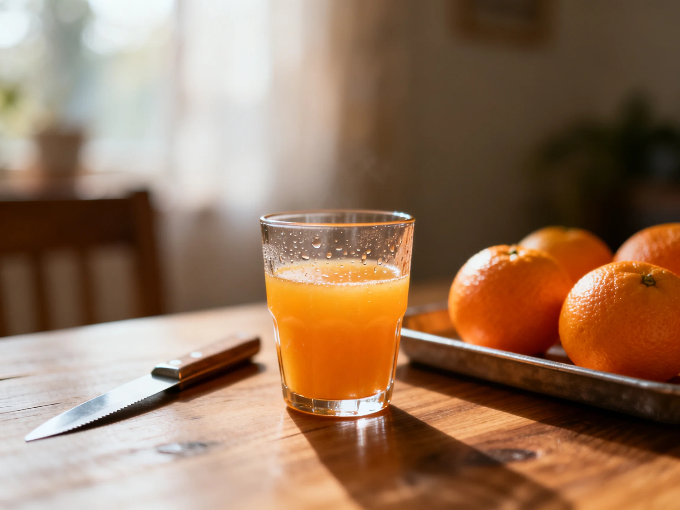 A glass of orange juice sits beside oranges and a knife on a wooden table