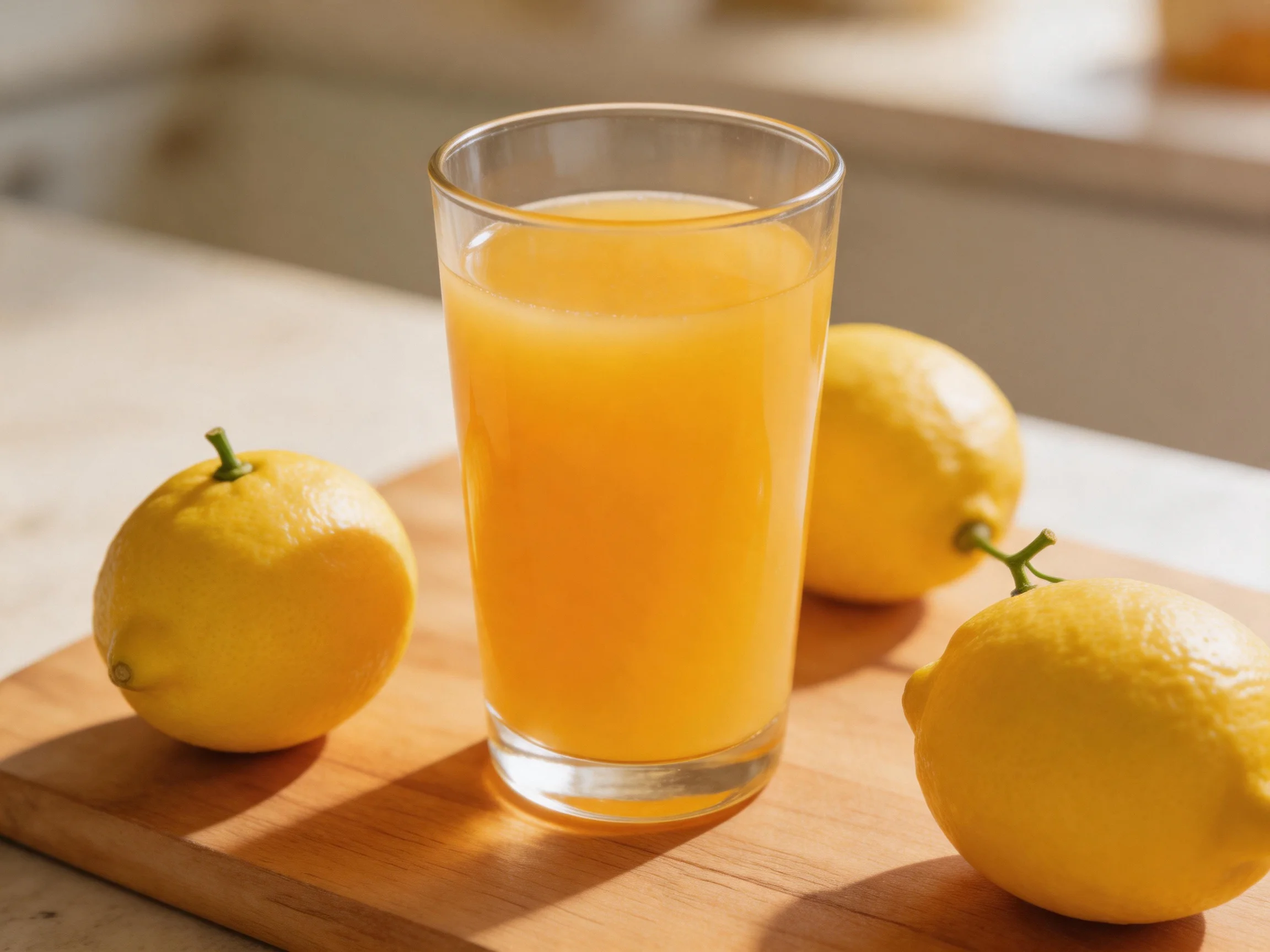 A glass of orange juice with three yellow lemons