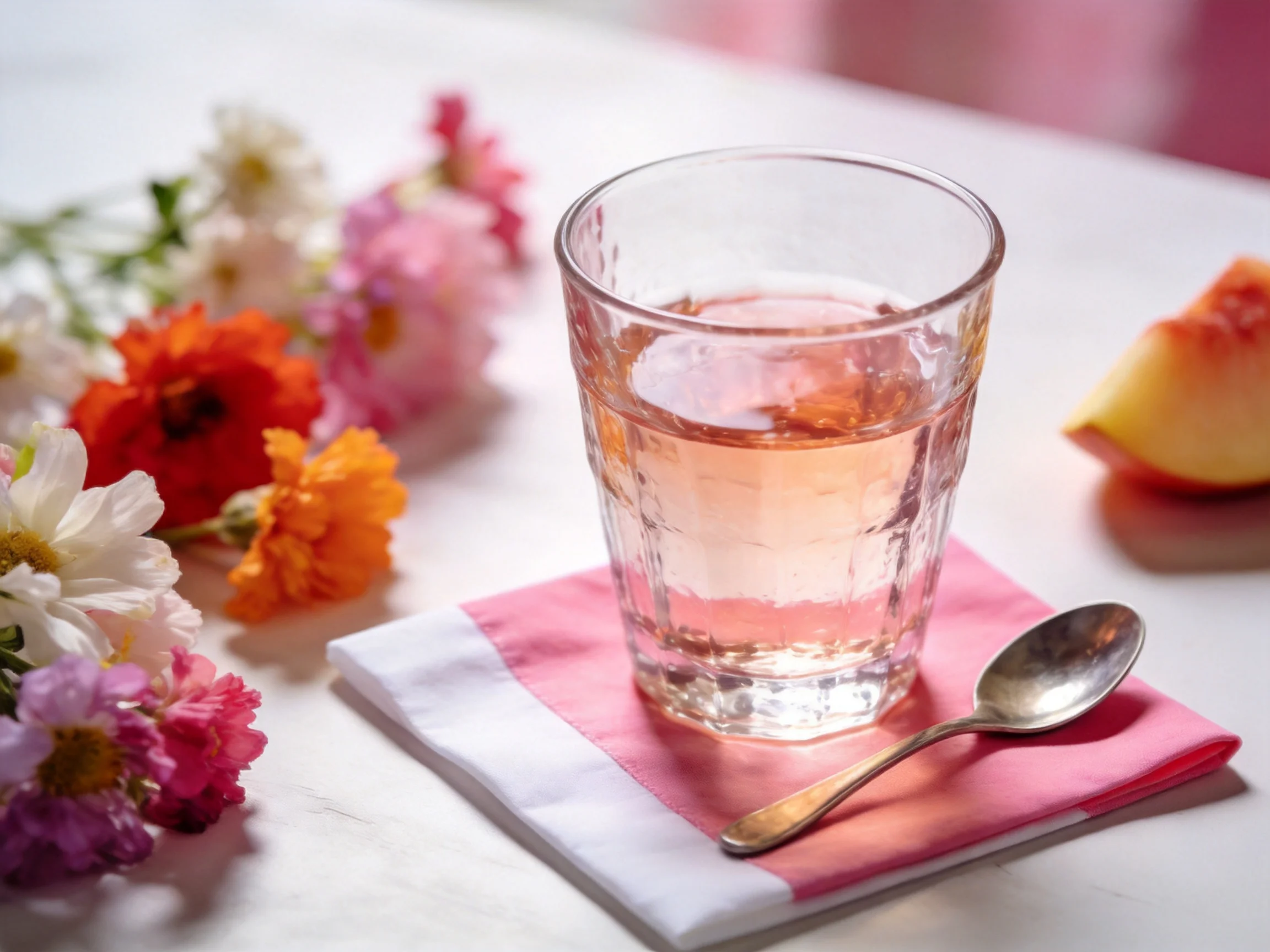 A glass of pink liquid surrounded by colorful flowers and a peach slice
