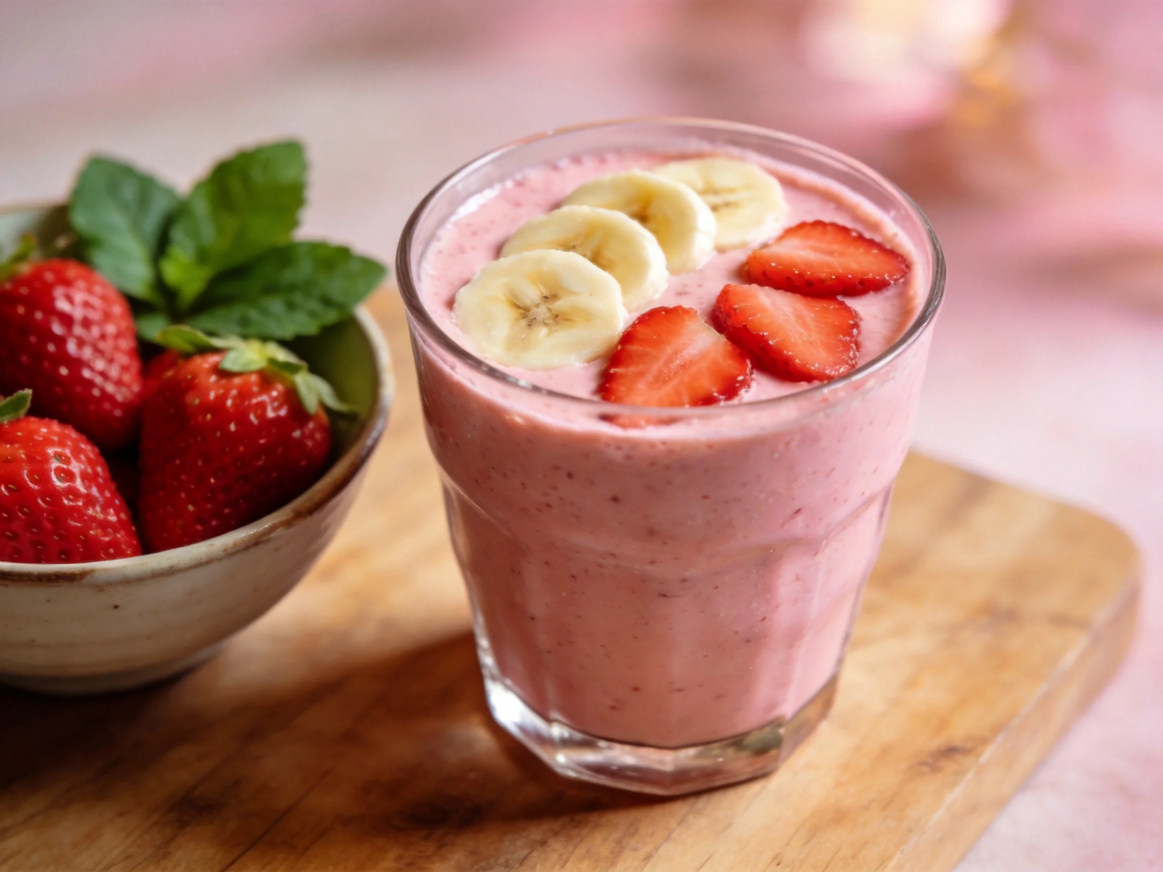 A glass of pink strawberry-banana smoothie beside a bowl of fresh strawberries