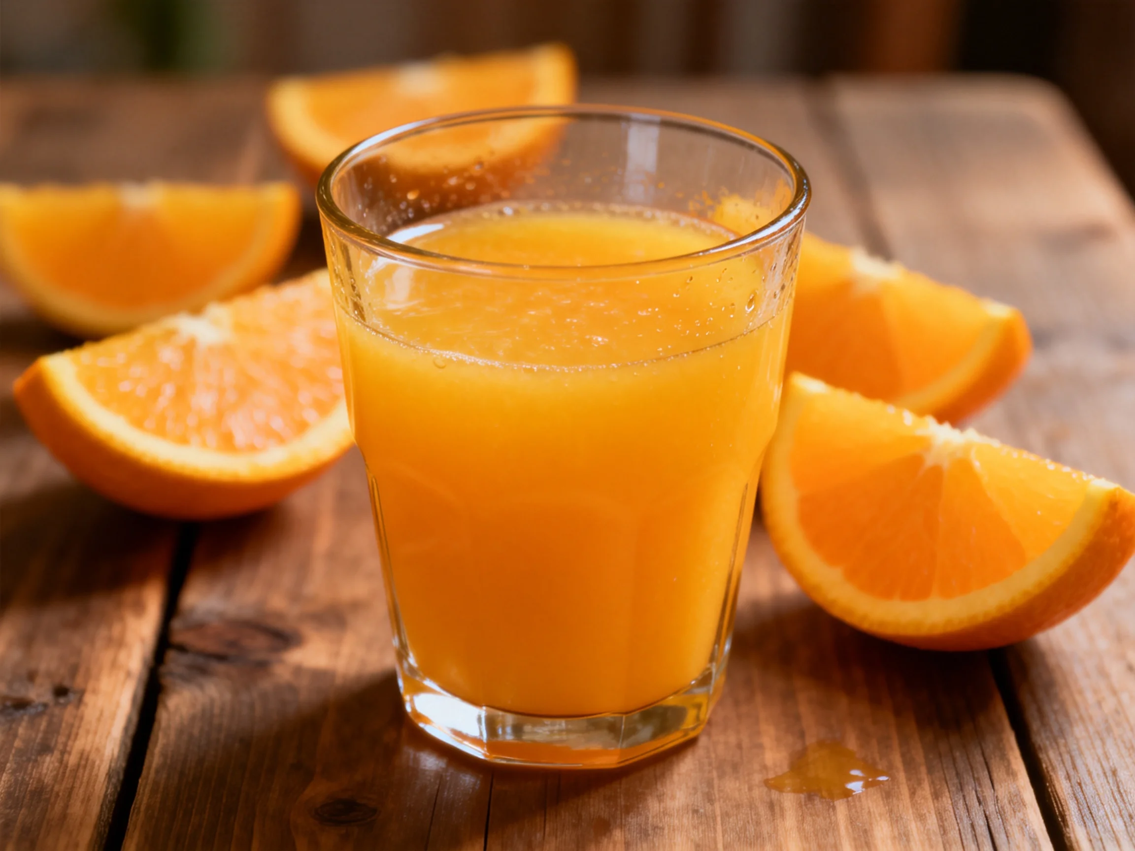 A glass of vibrant orange juice surrounded by sliced oranges