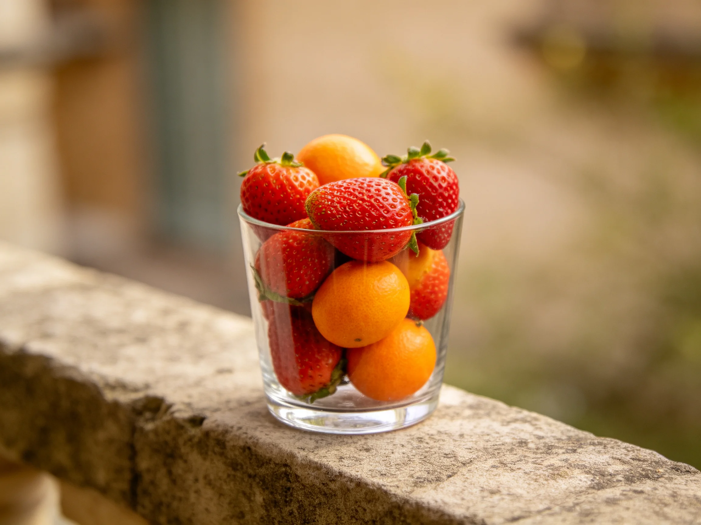 A glass overflowing with strawberries and kumquats on a stone ledge