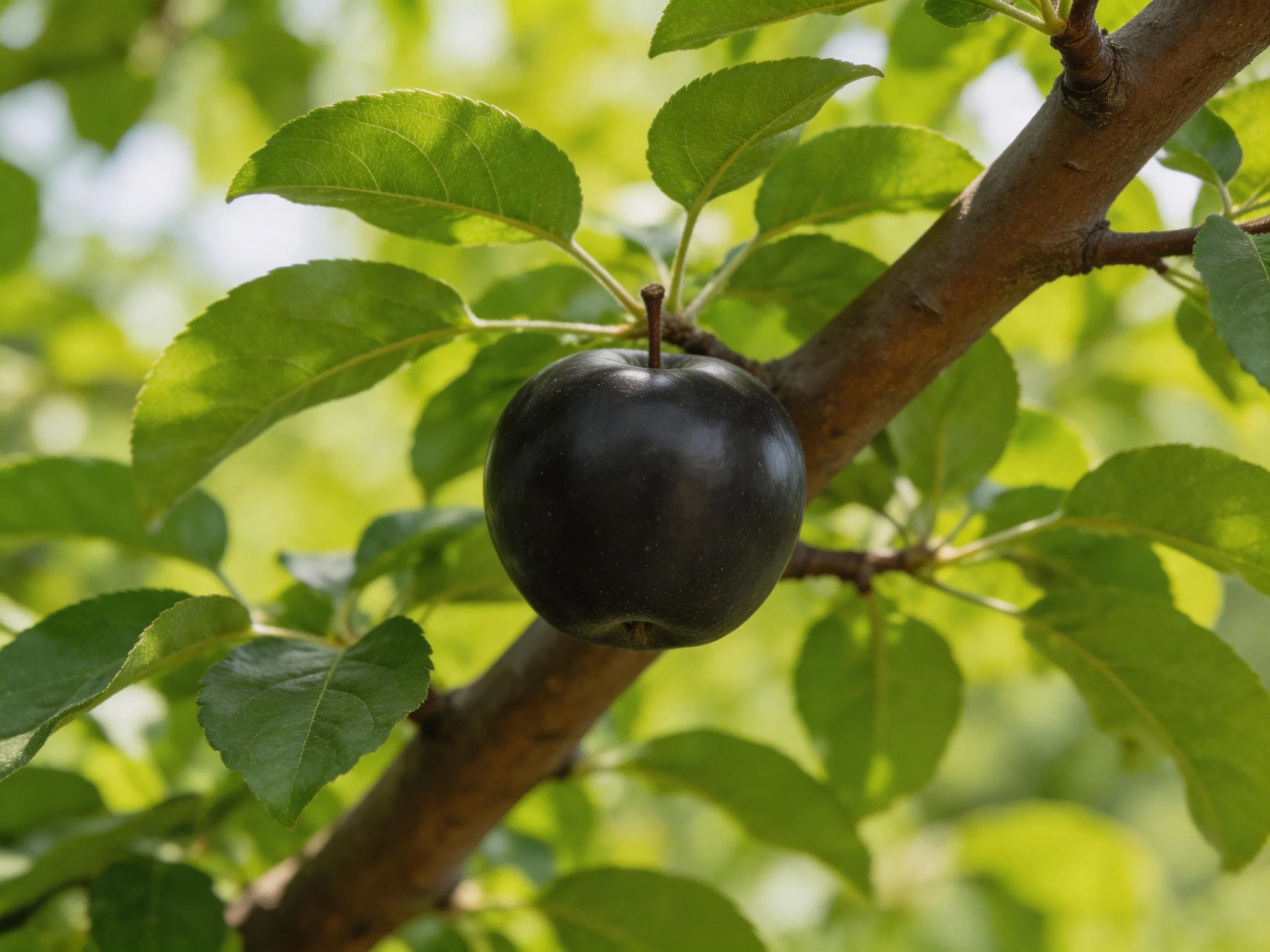 A glossy black apple hangs from a branch amid vibrant green foliage.