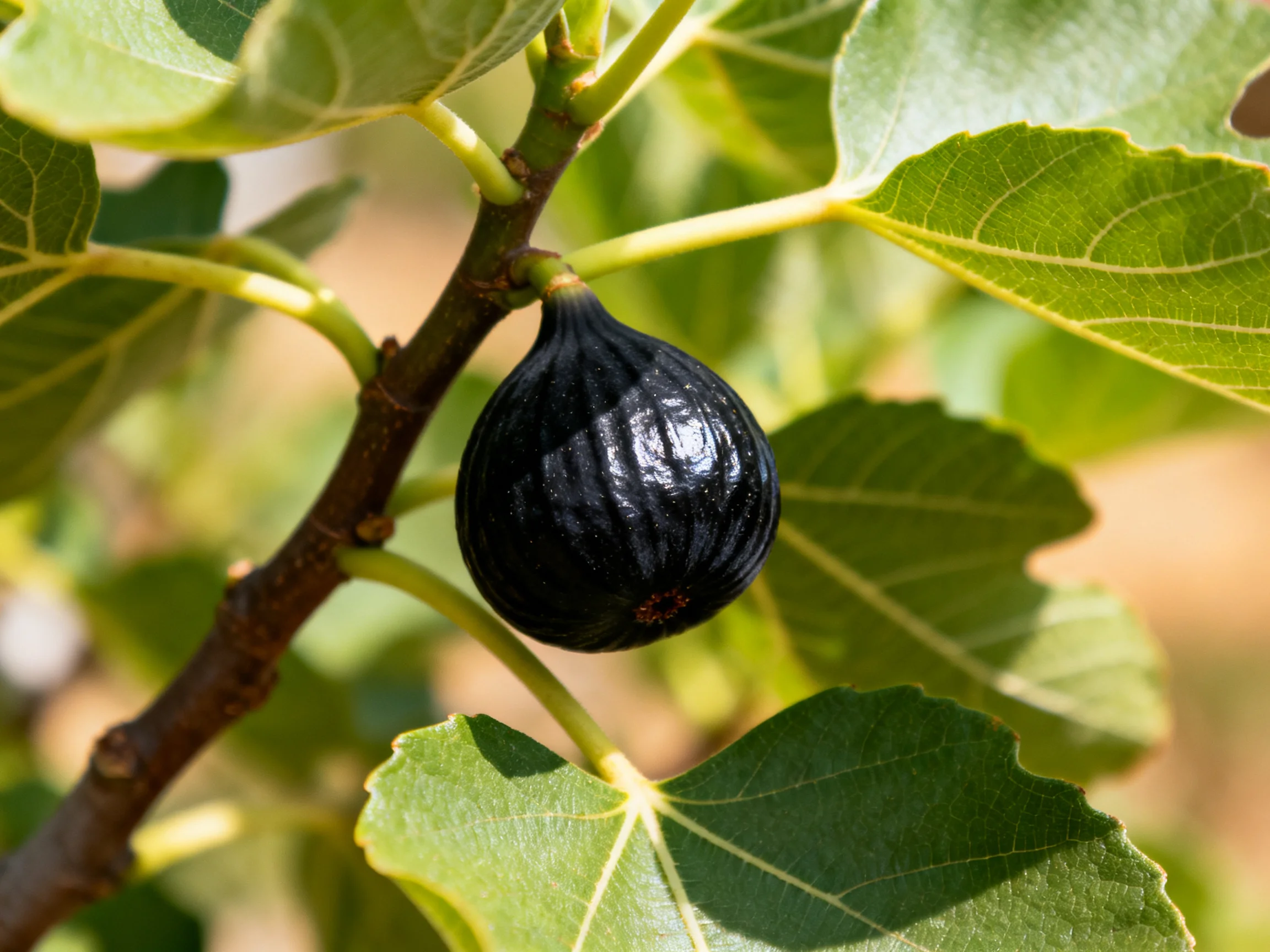A glossy black fig ripening among vibrant green leaves