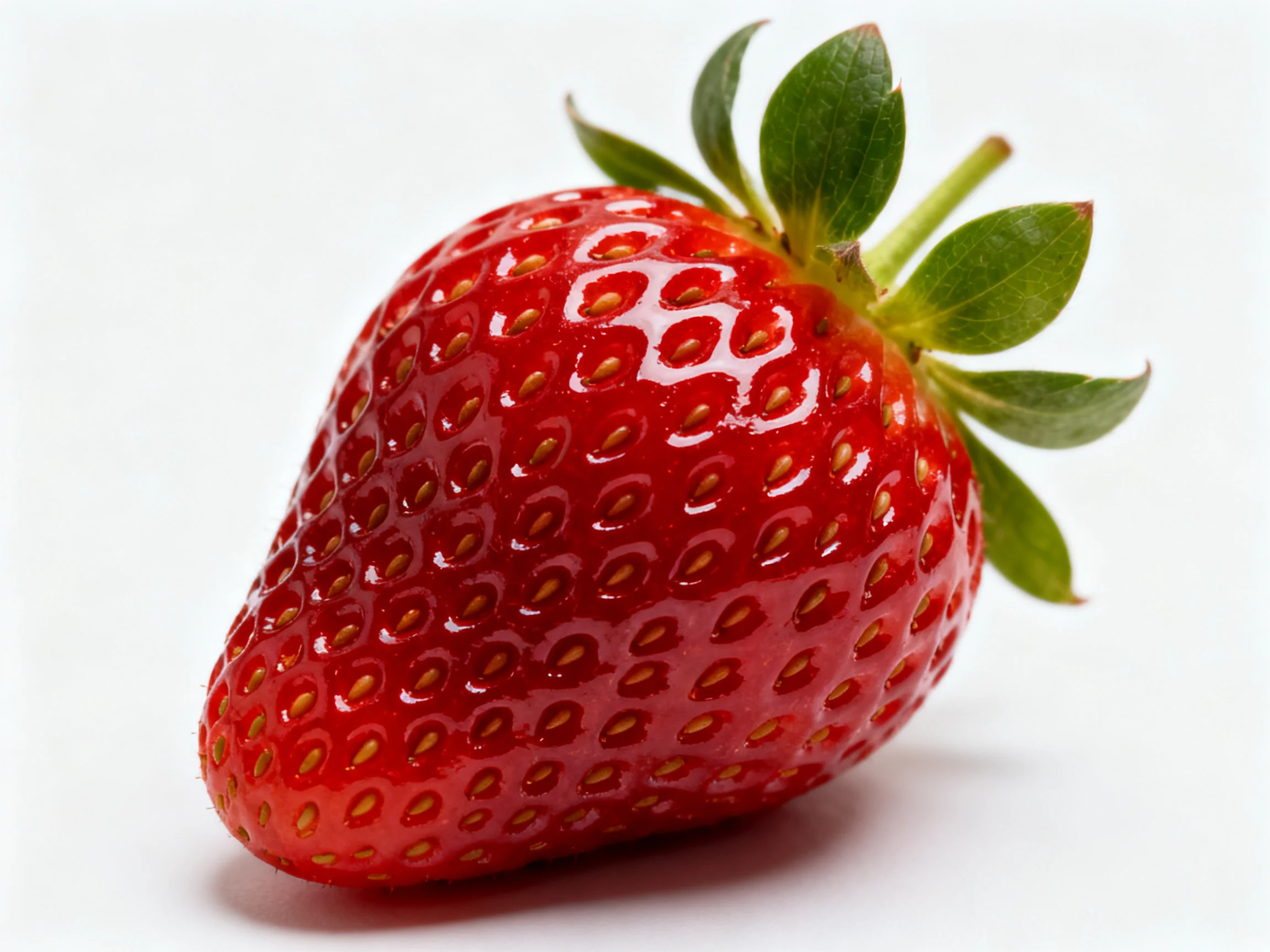 A glossy, bright red strawberry with fresh green leaves
