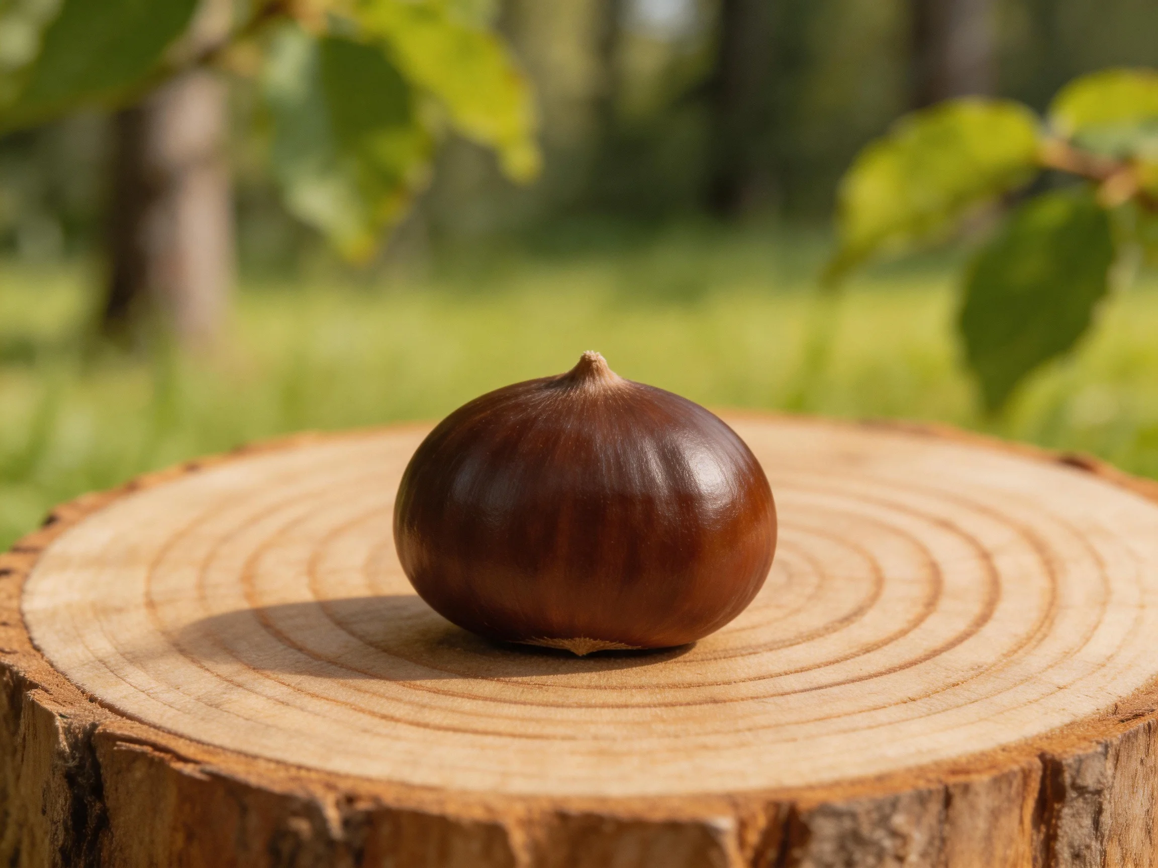 A glossy brown chestnut on a circular wooden tree stump slice in nature