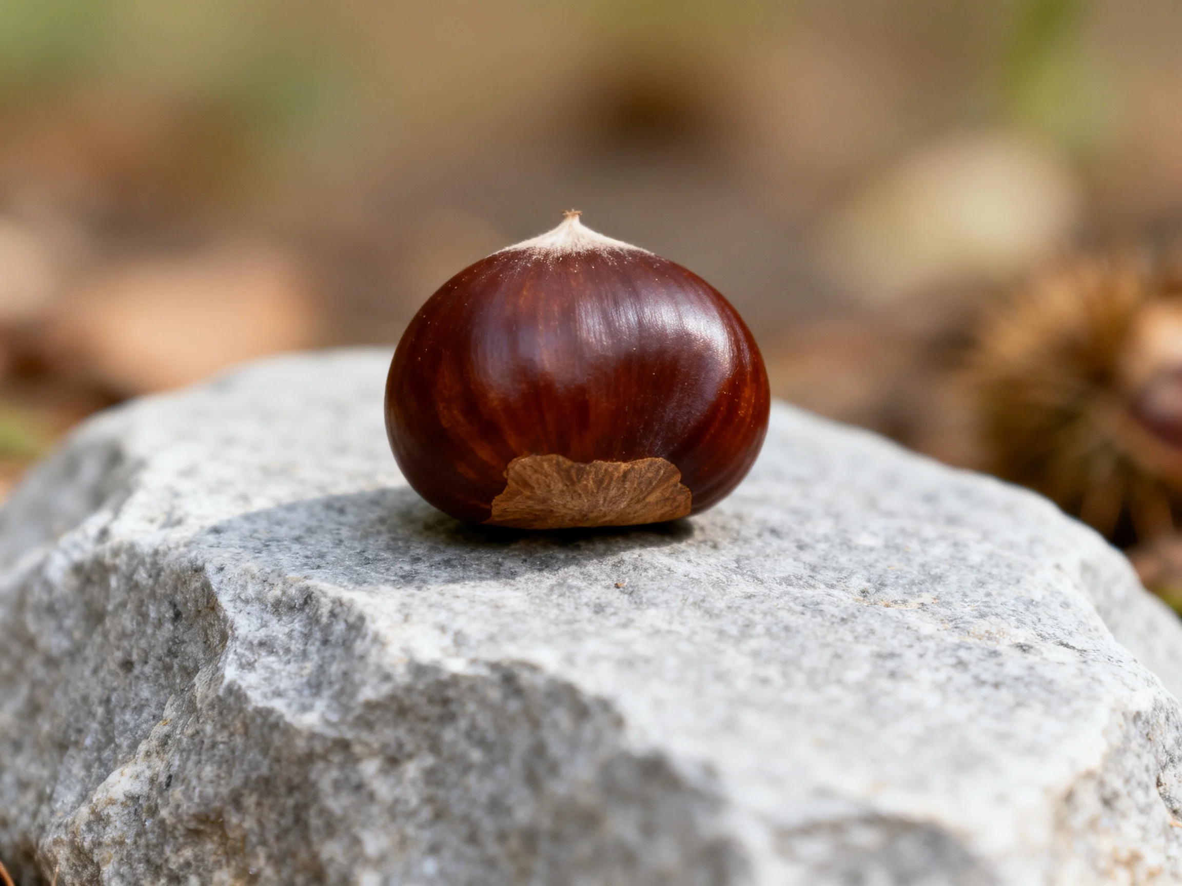 A glossy brown chestnut rests atop a smooth gray stone