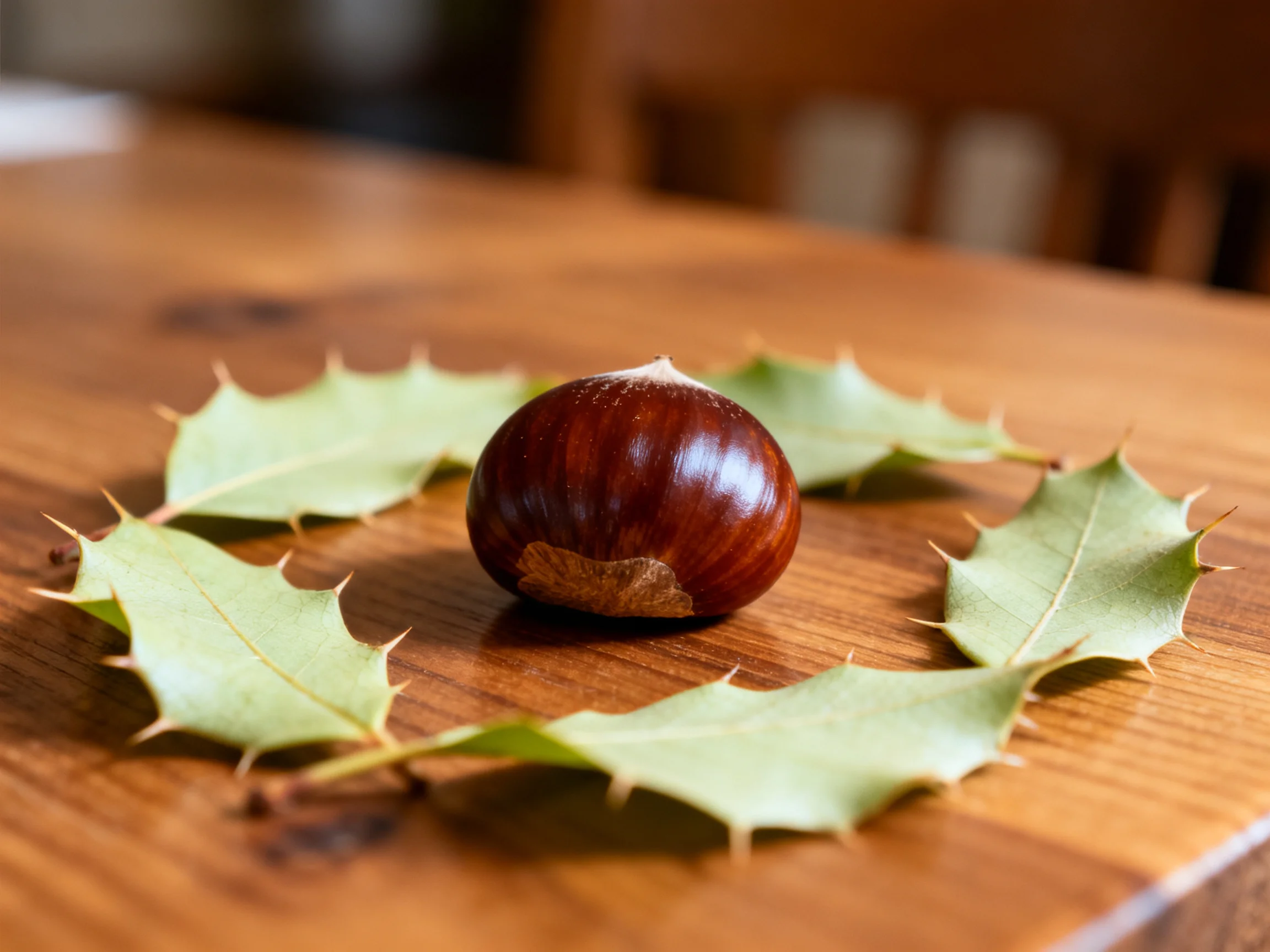 A glossy brown chestnut surrounded by spiky green leaves on a wooden surface