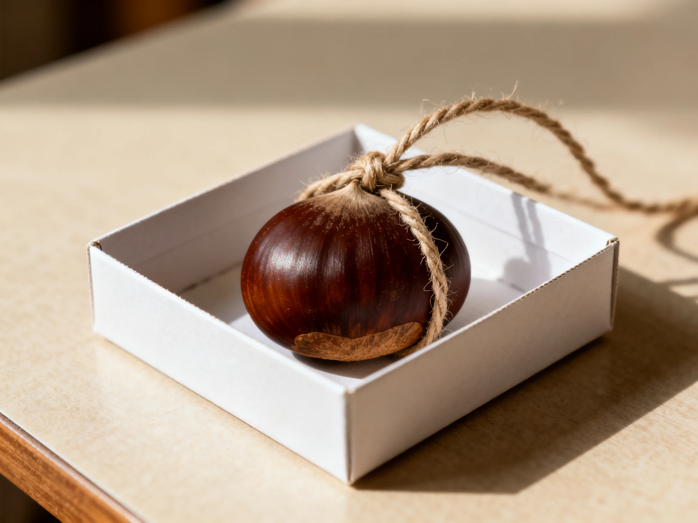 A glossy brown chestnut tied with twine sits in a small white box