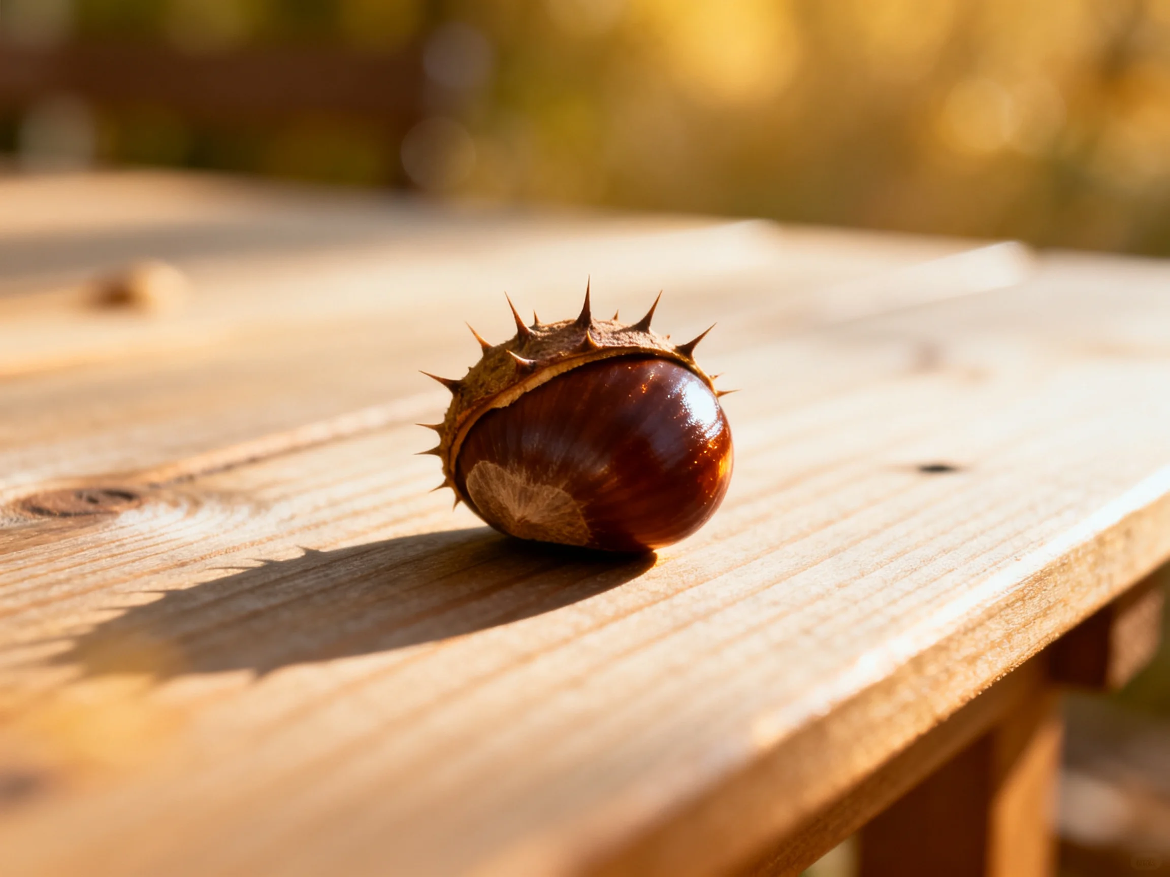 A glossy brown chestnut with spiky husk rests on a light wooden surface