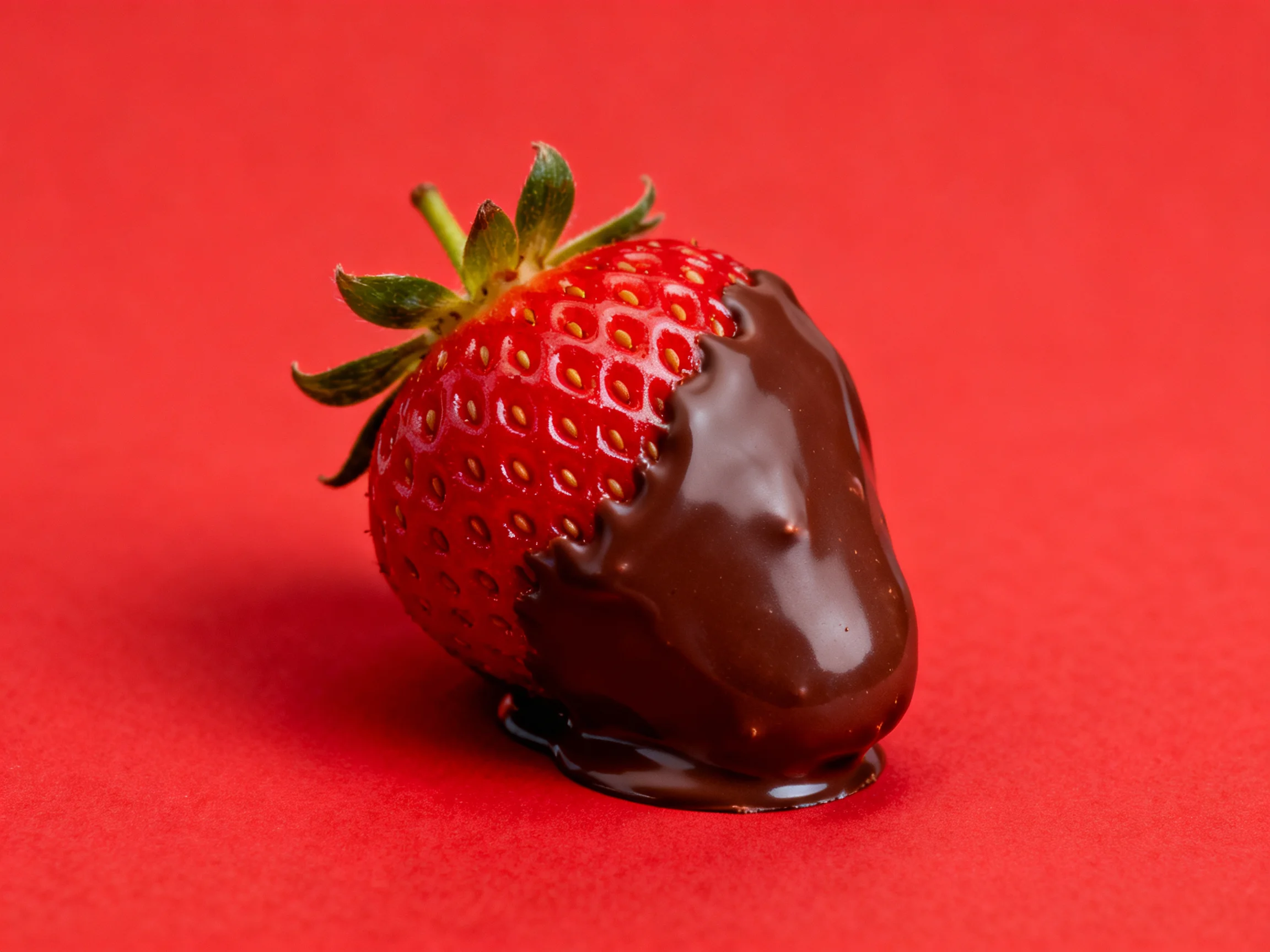 A glossy chocolate-dipped strawberry on a bright red surface