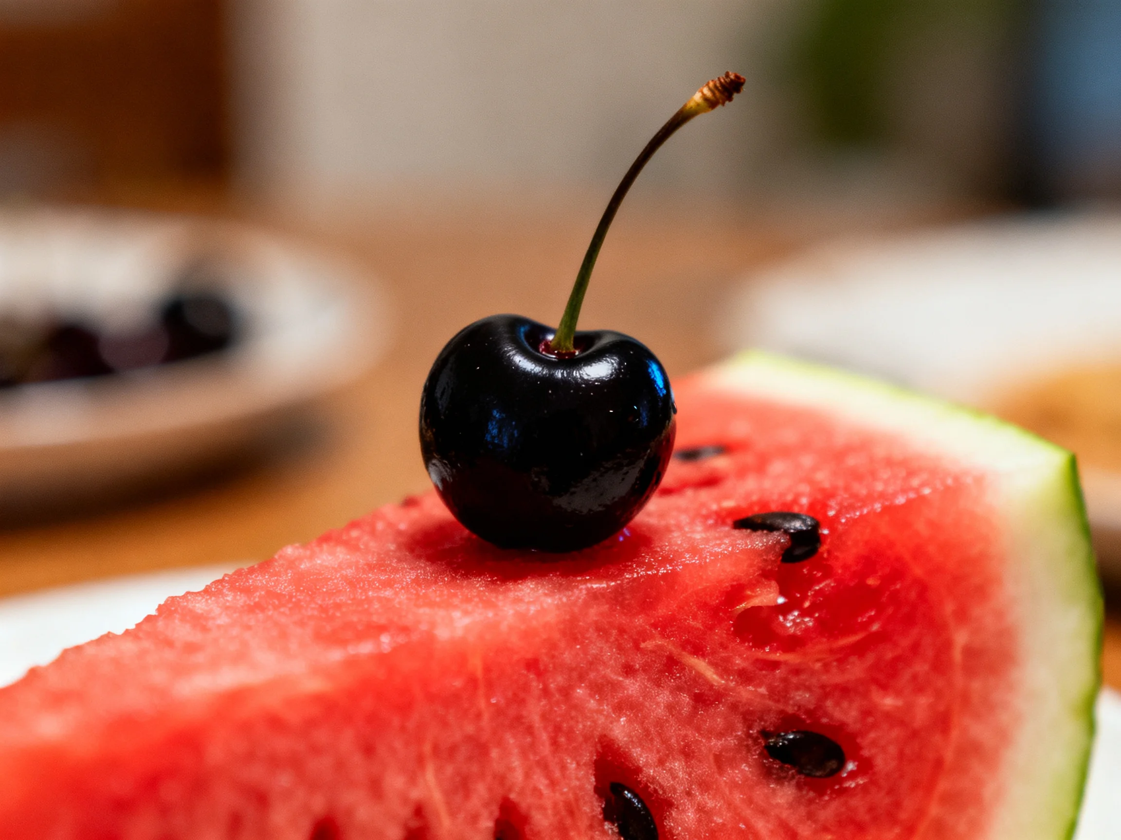 A glossy dark cherry perched on a vibrant watermelon slice