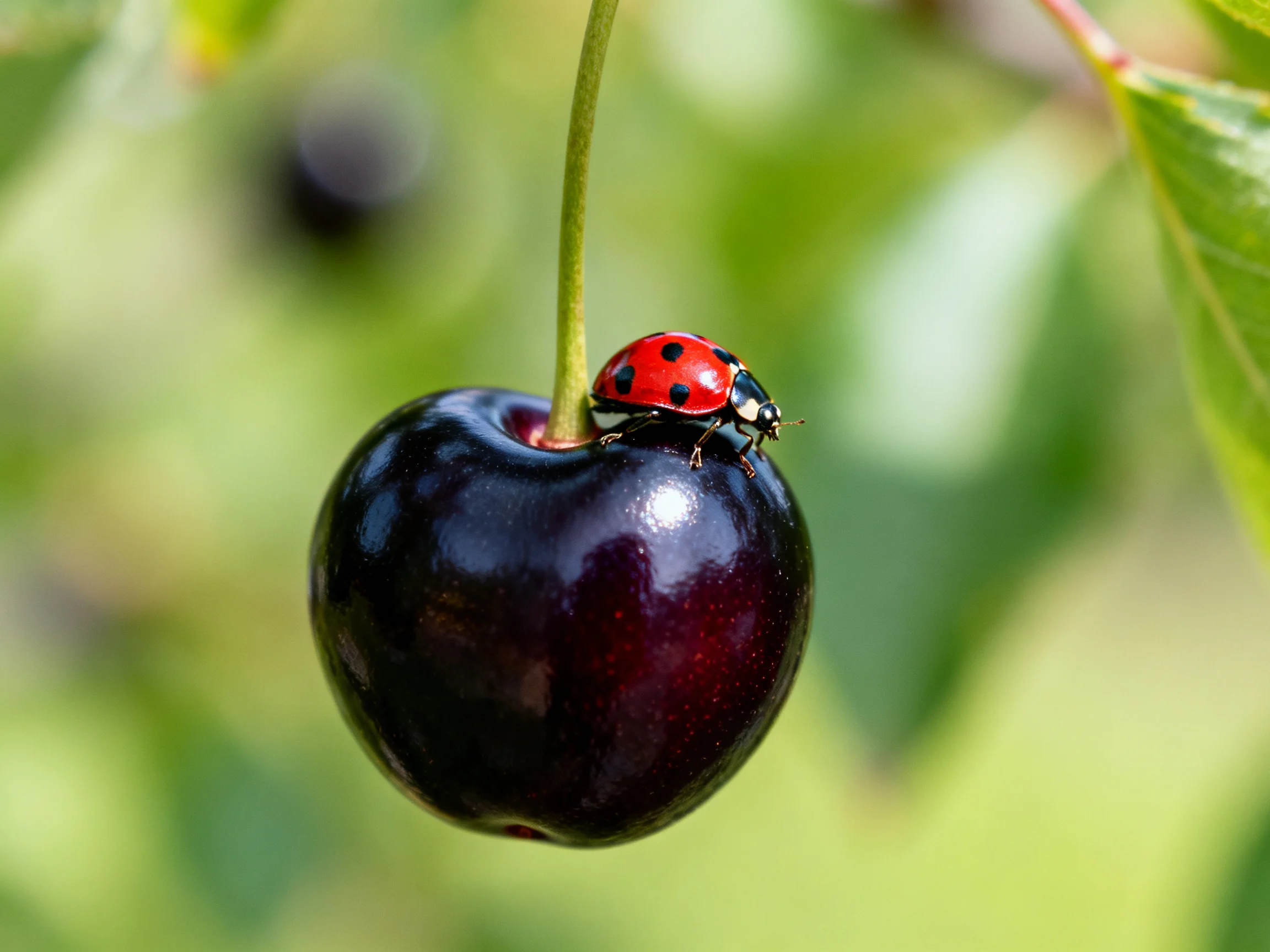 A glossy dark cherry with a red-spotted ladybug perched on its surface