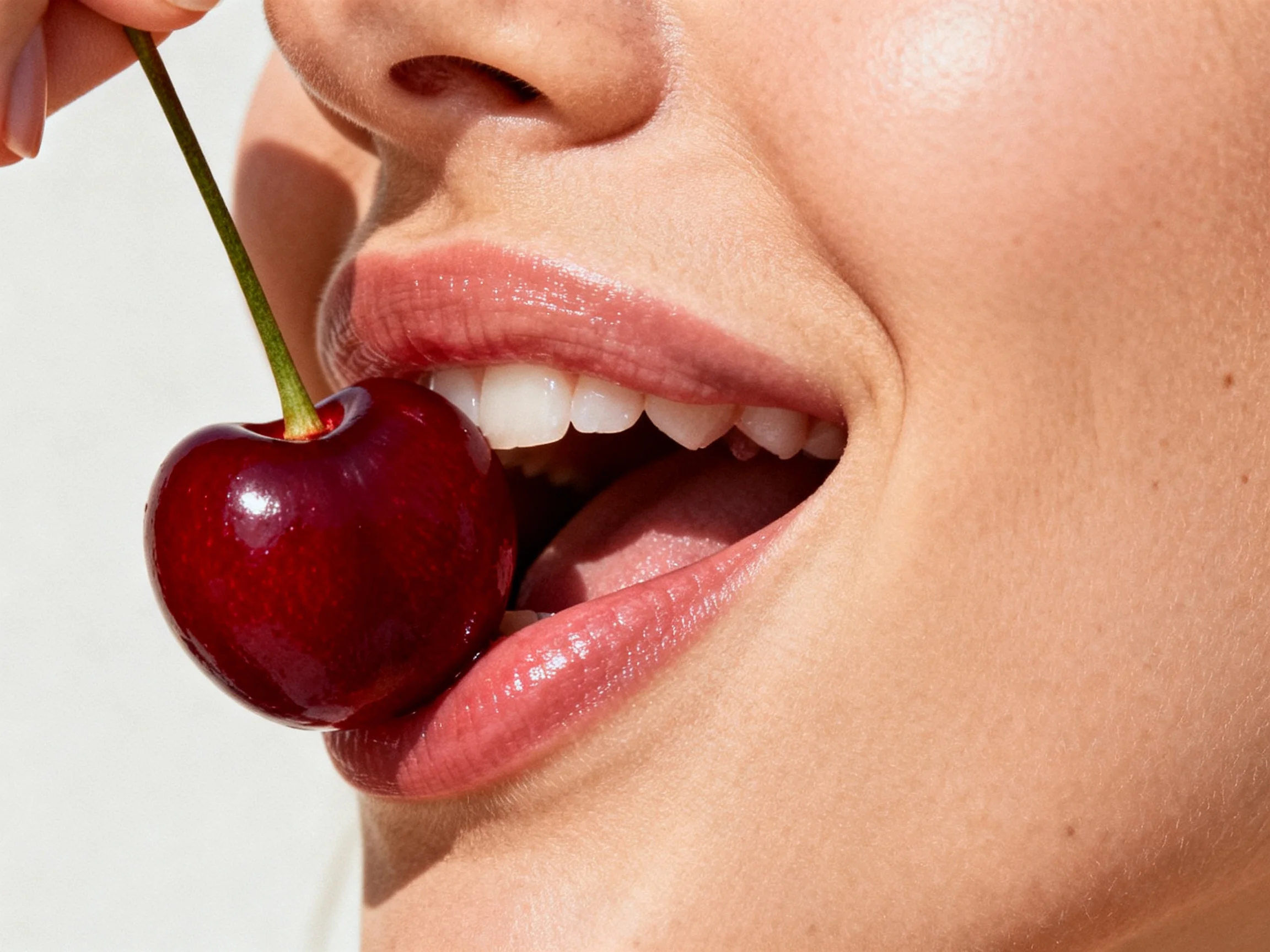A glossy dark cherry with green stem near pink - lipped mouth