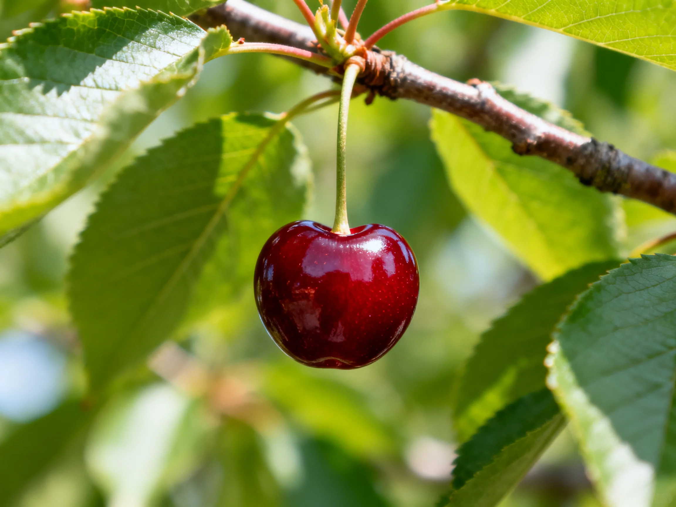 A glossy dark red cherry hangs from a tree branch with green foliage