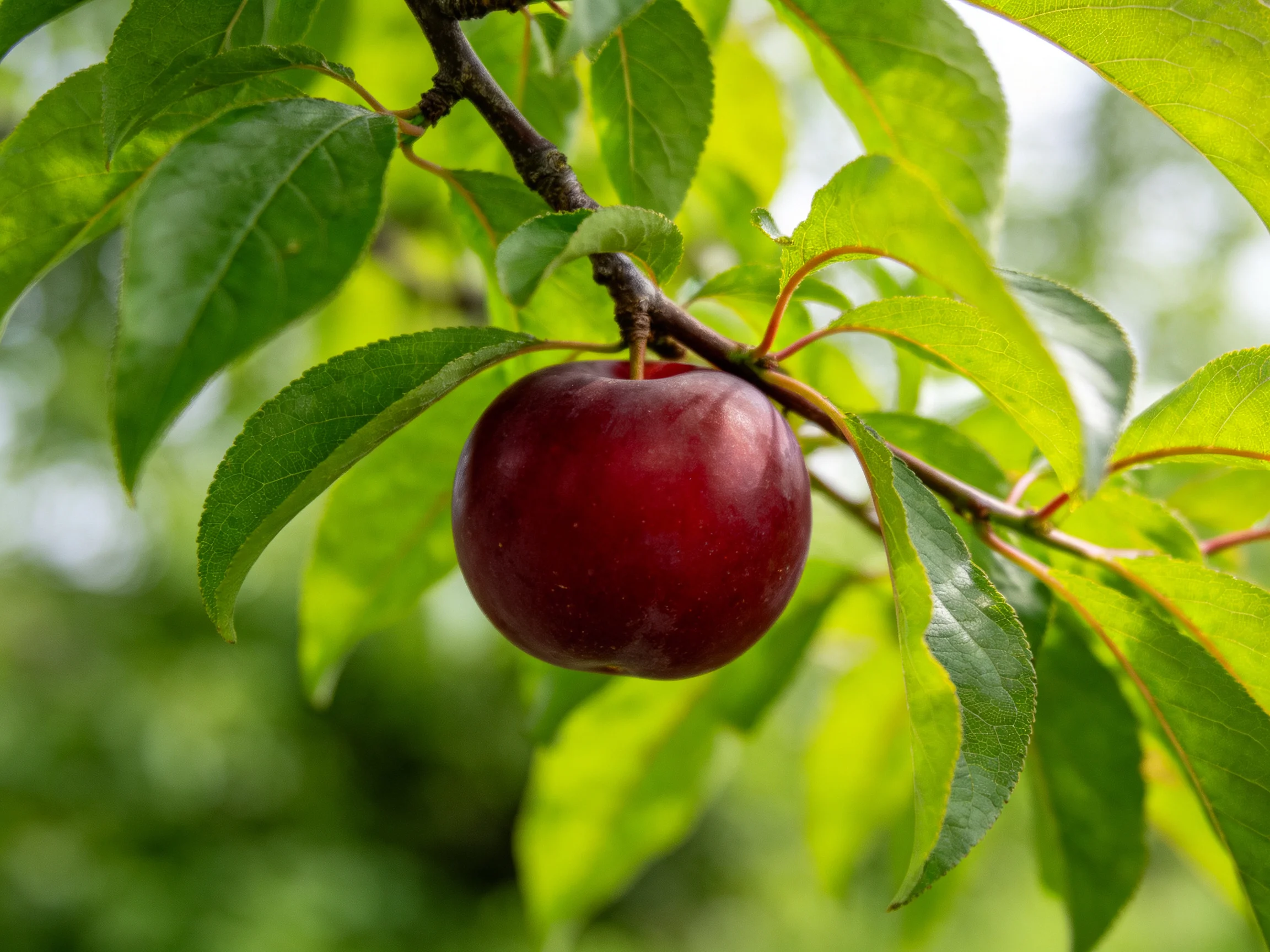 A glossy dark red fruit dangles from a leafy branch
