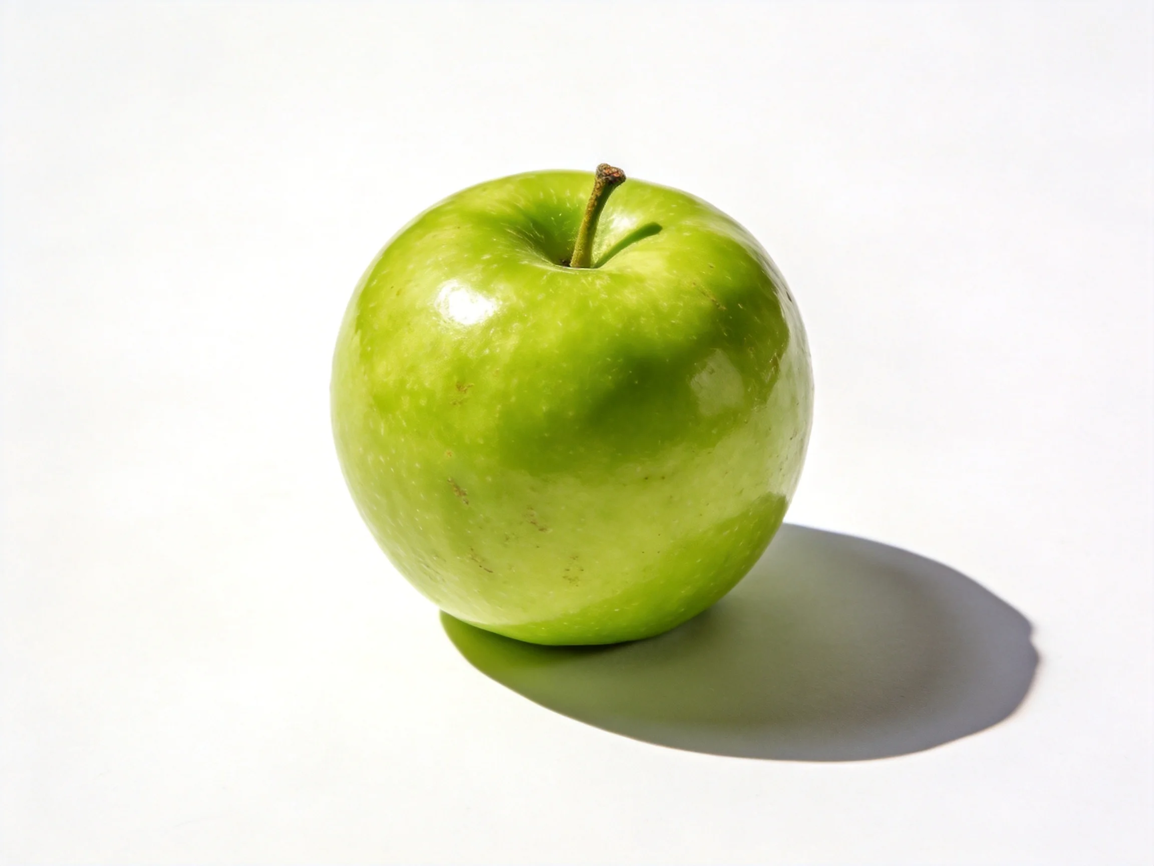 A glossy green apple centered on a white background