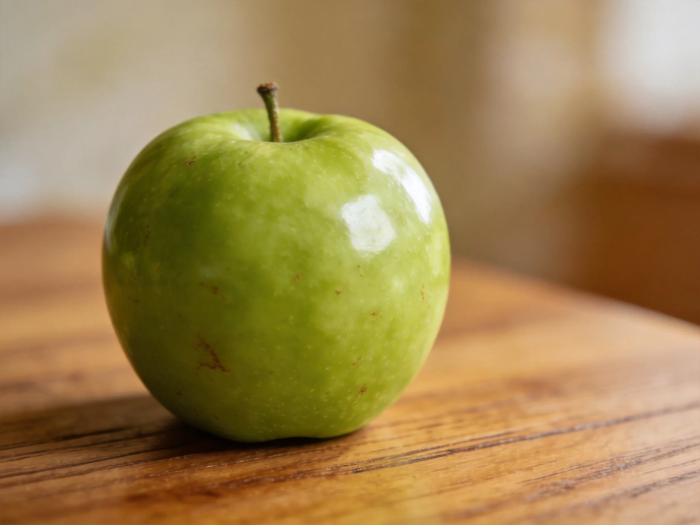 A glossy green apple rests on a polished wooden surface