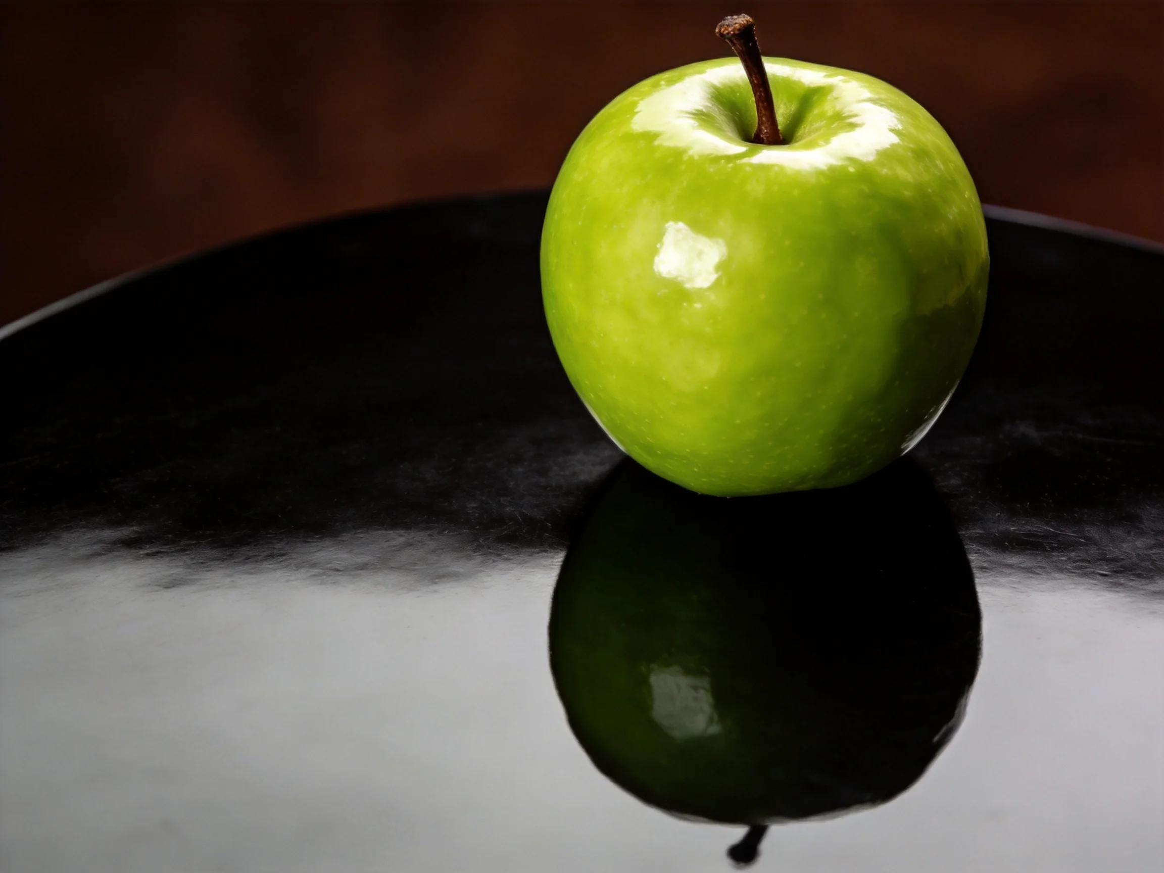 A glossy green apple sits on a reflective black surface with a clear reflection
