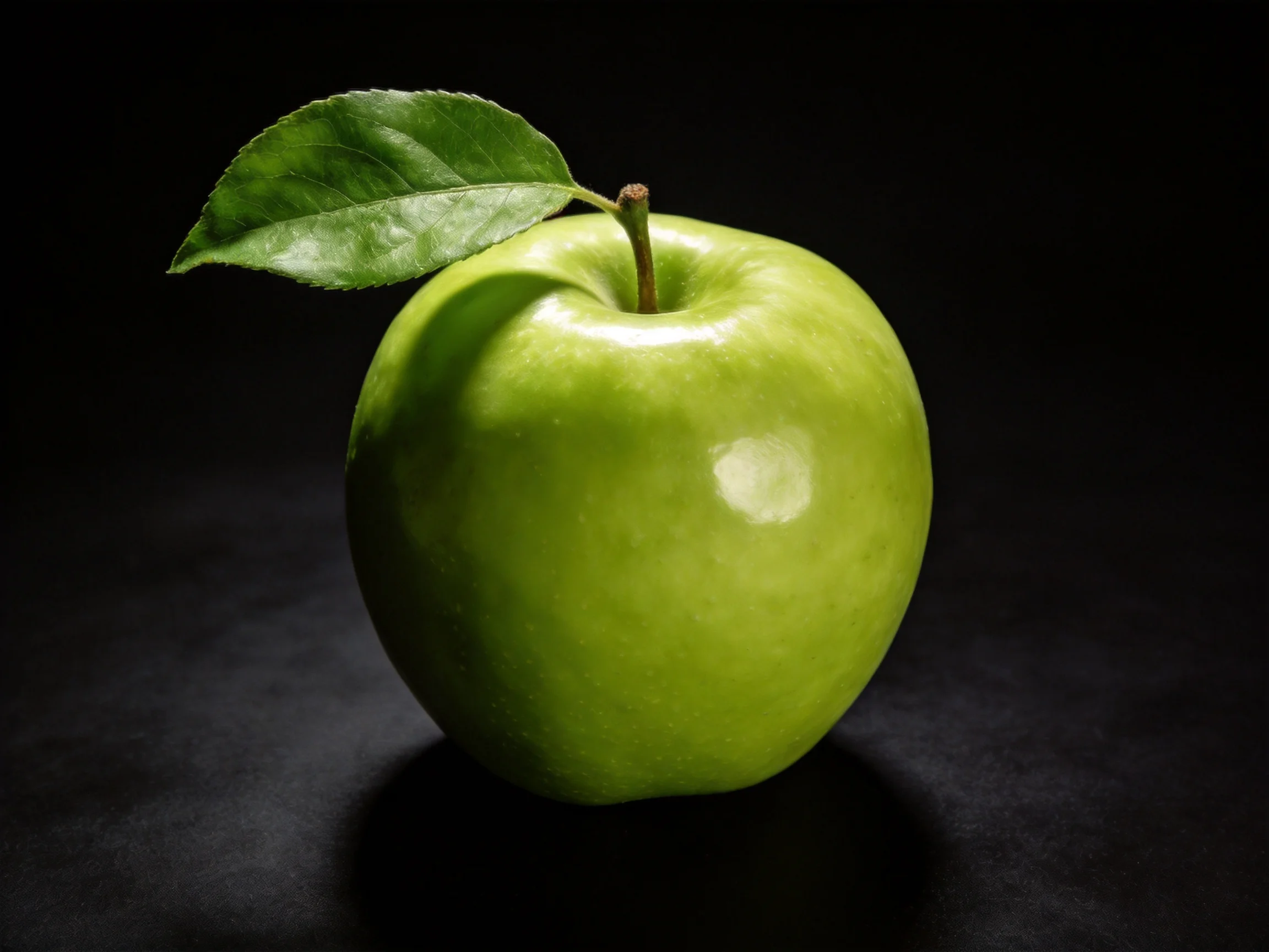 A glossy green apple with a single leaf on a dark background