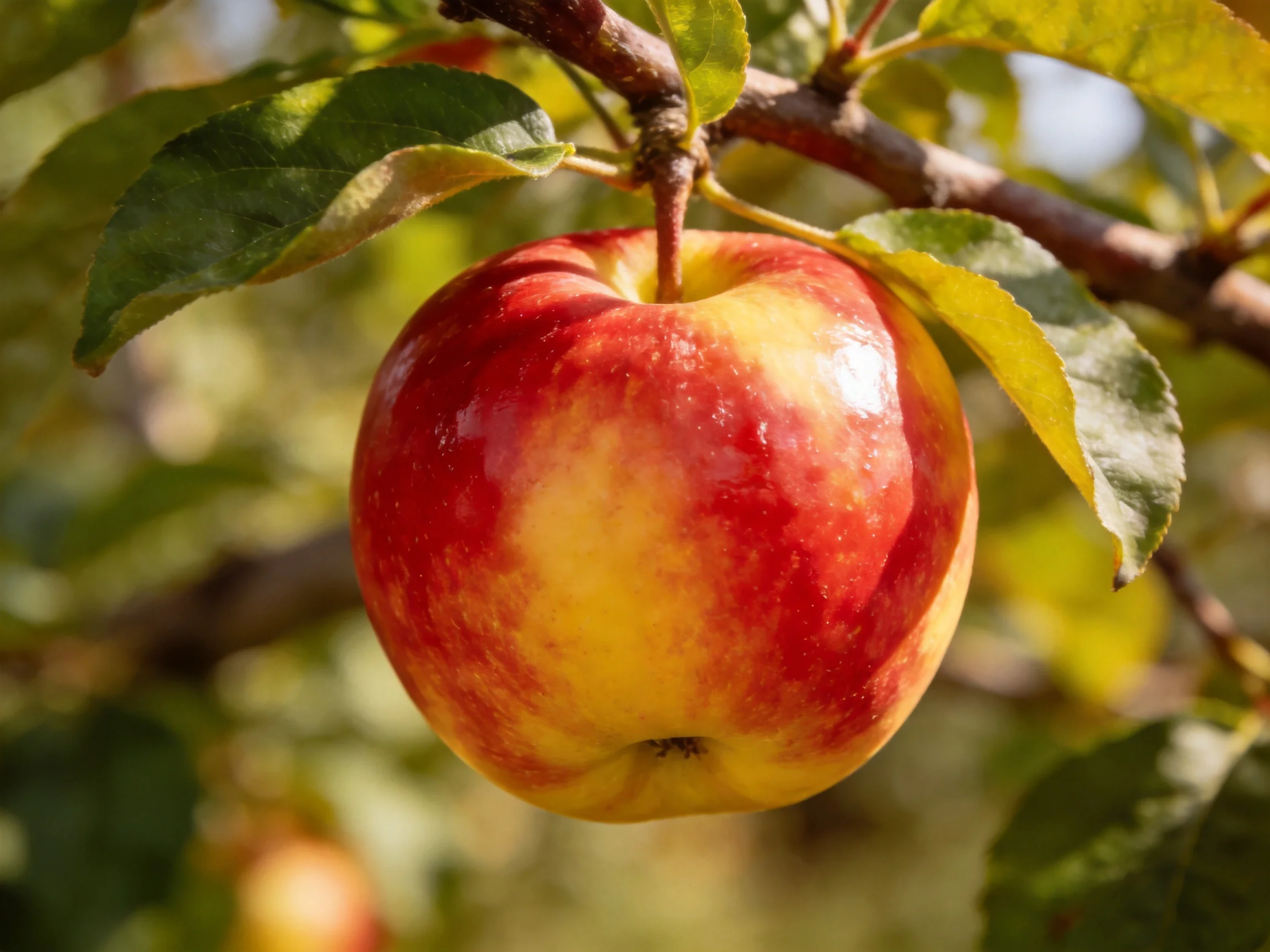 A glossy red and yellow apple hangs from a tree branch with green leaves