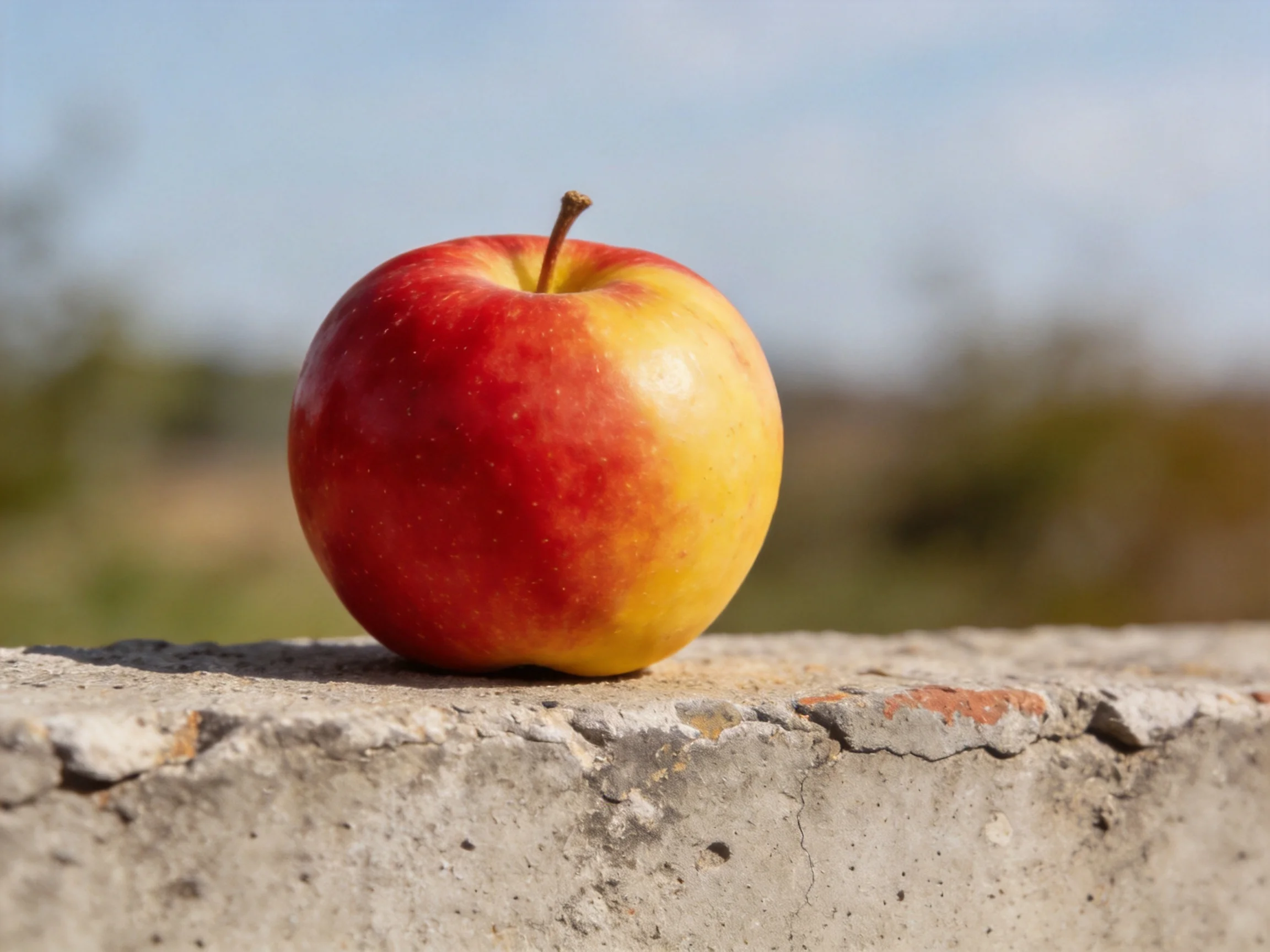A glossy red and yellow apple rests on a weathered concrete ledge