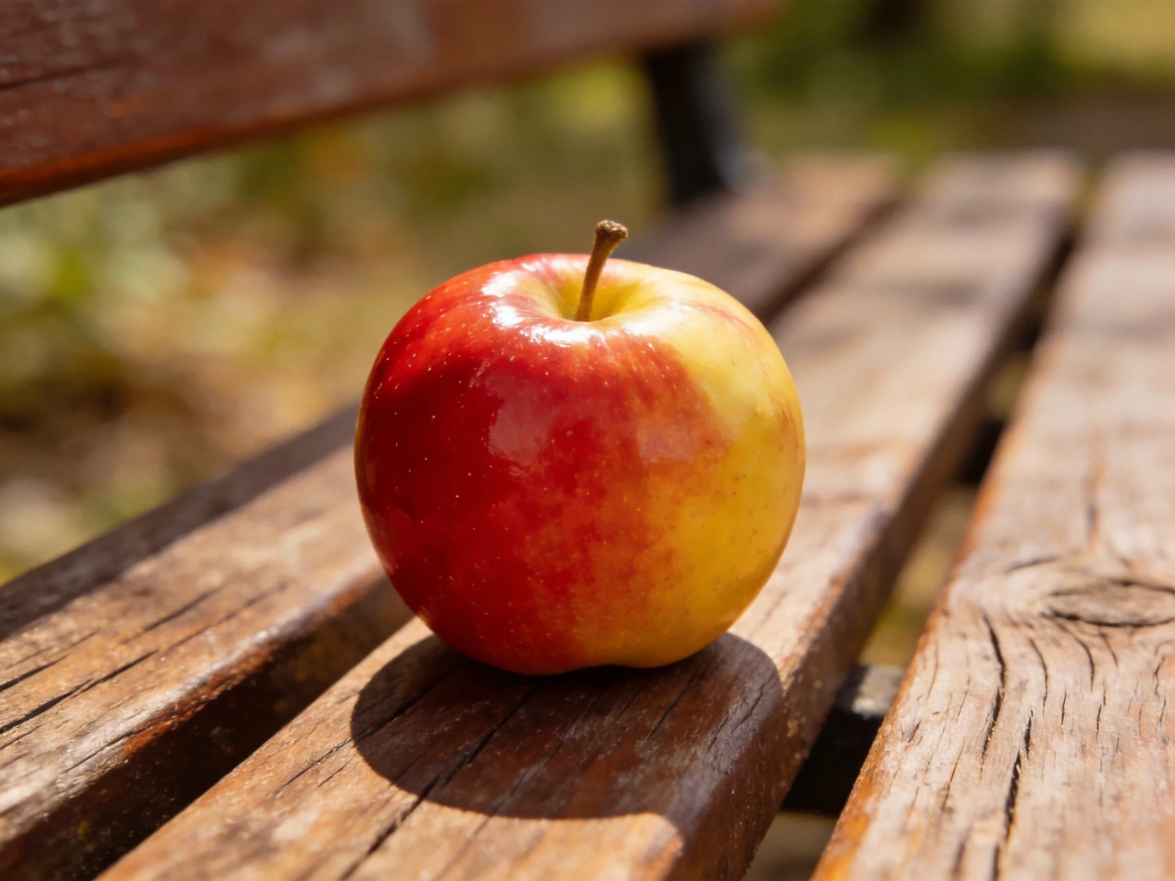 A glossy red and yellow apple rests on a weathered wooden bench