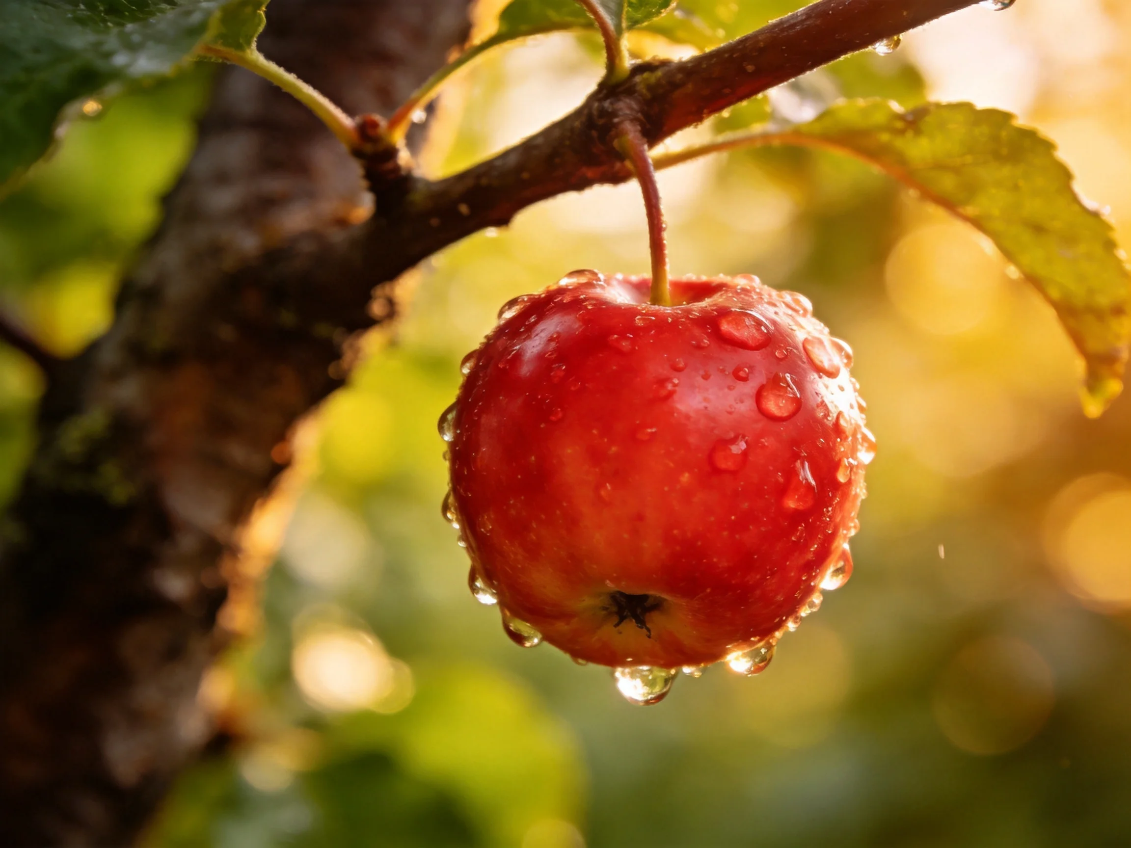 A glossy red apple adorned with dew drops hangs from a tree branch