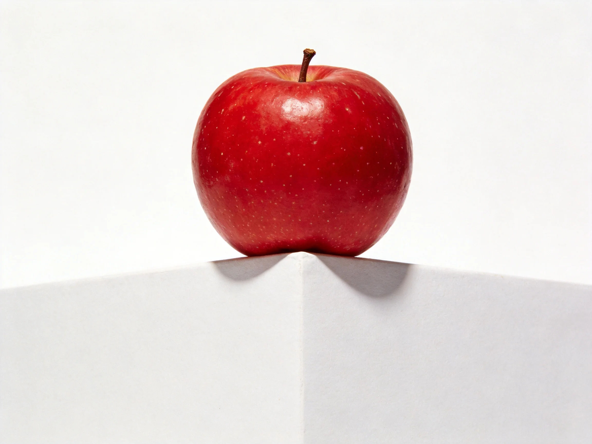 A glossy red apple atop a white angular platform