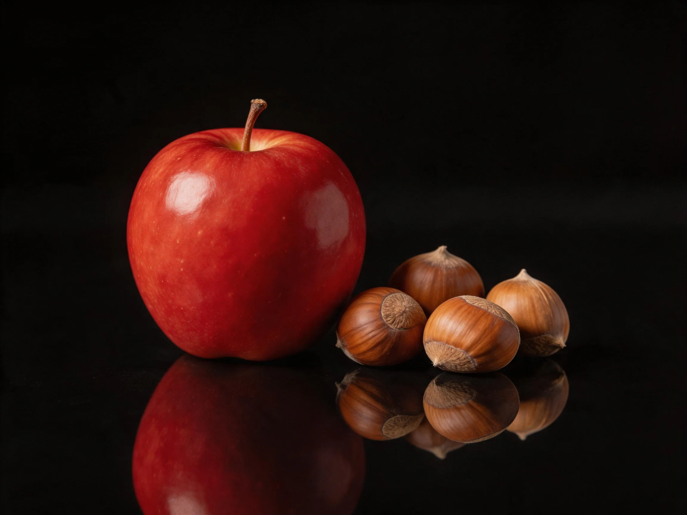 A glossy red apple beside four brown hazelnuts on a black reflective surface
