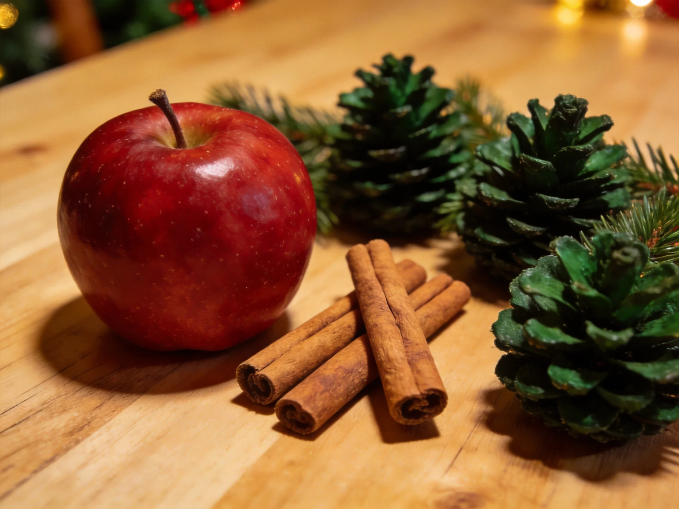 A glossy red apple beside green pine cones and brown cinnamon sticks