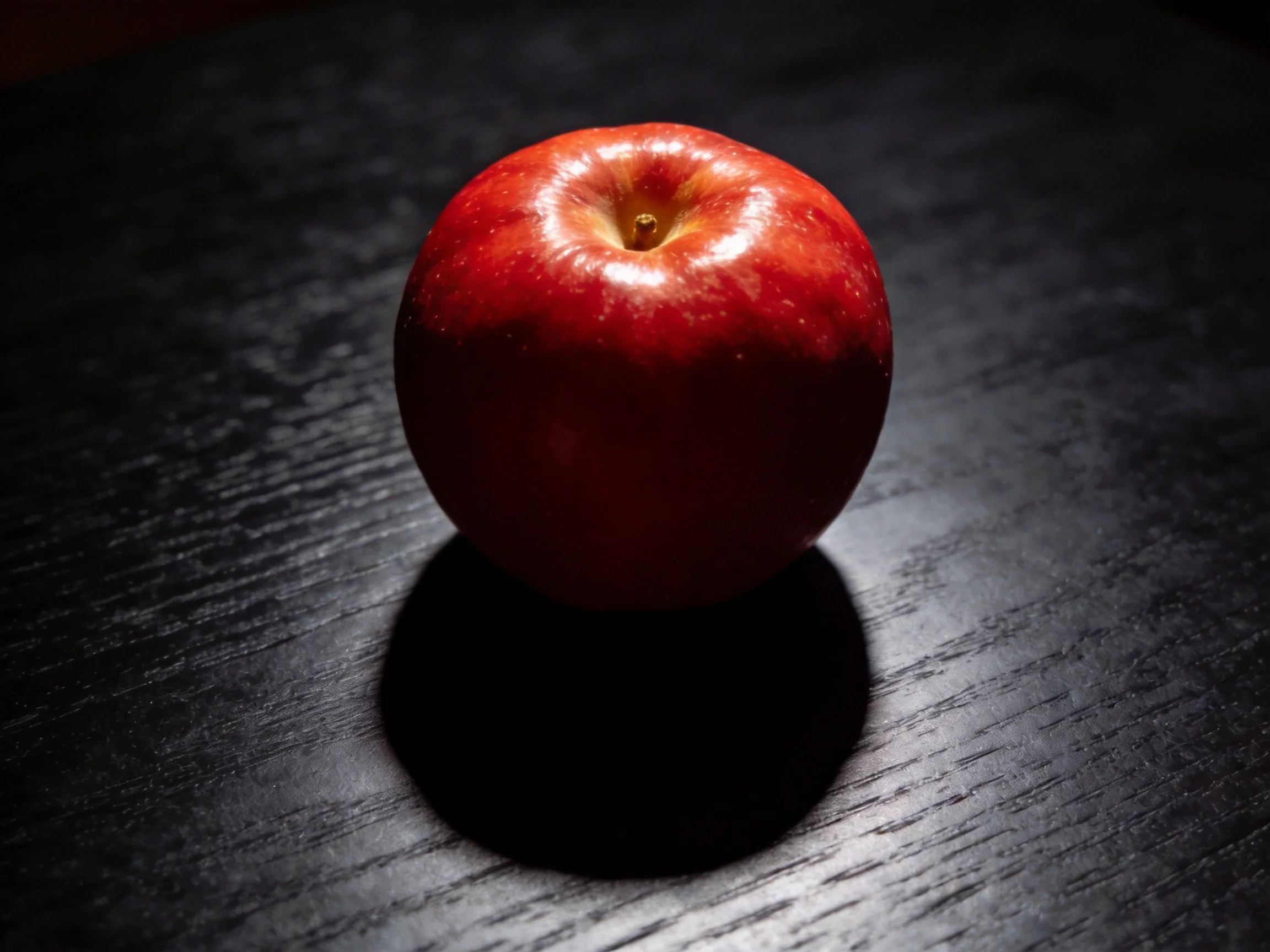 A glossy red apple centered on a dark wooden surface