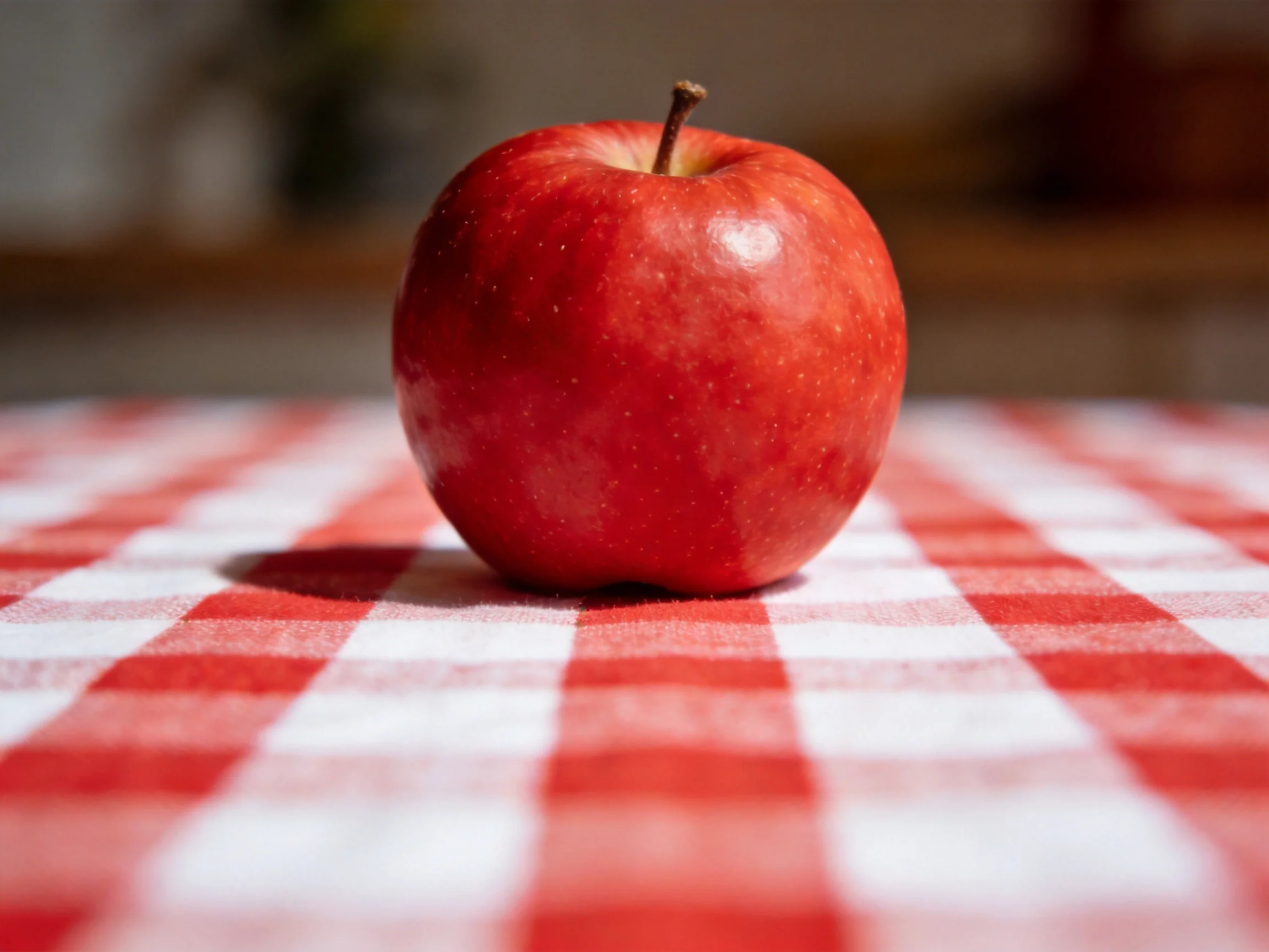 A glossy red apple centered on a red-and-white checkered tablecloth