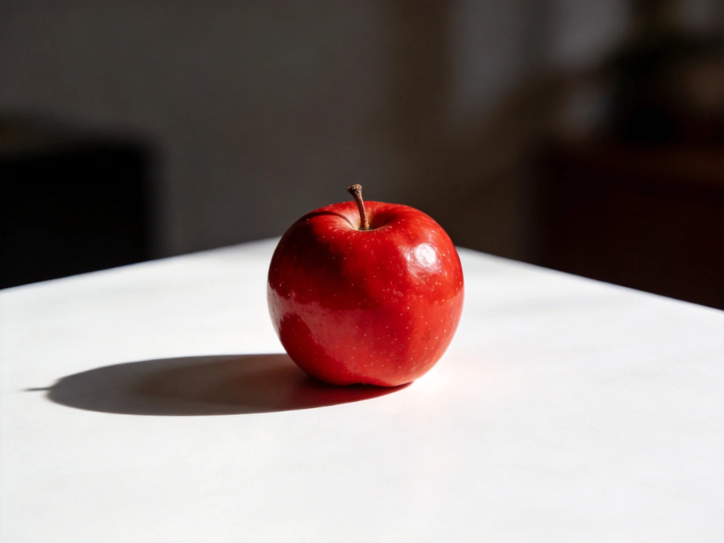 A glossy red apple centered on a white surface