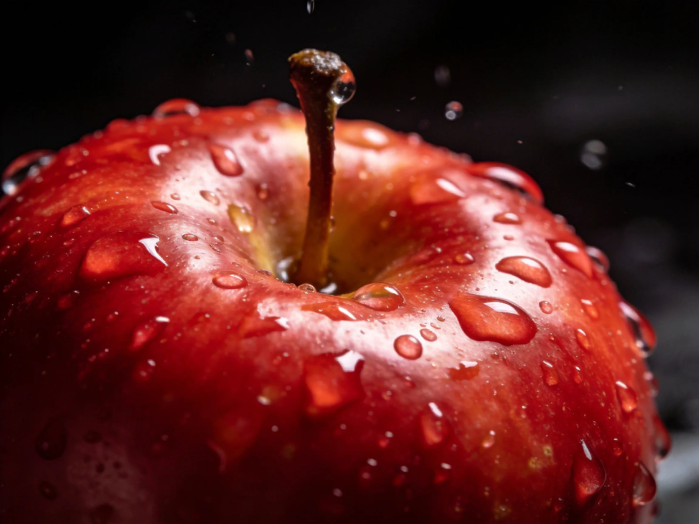 A glossy red apple covered in glistening water droplets