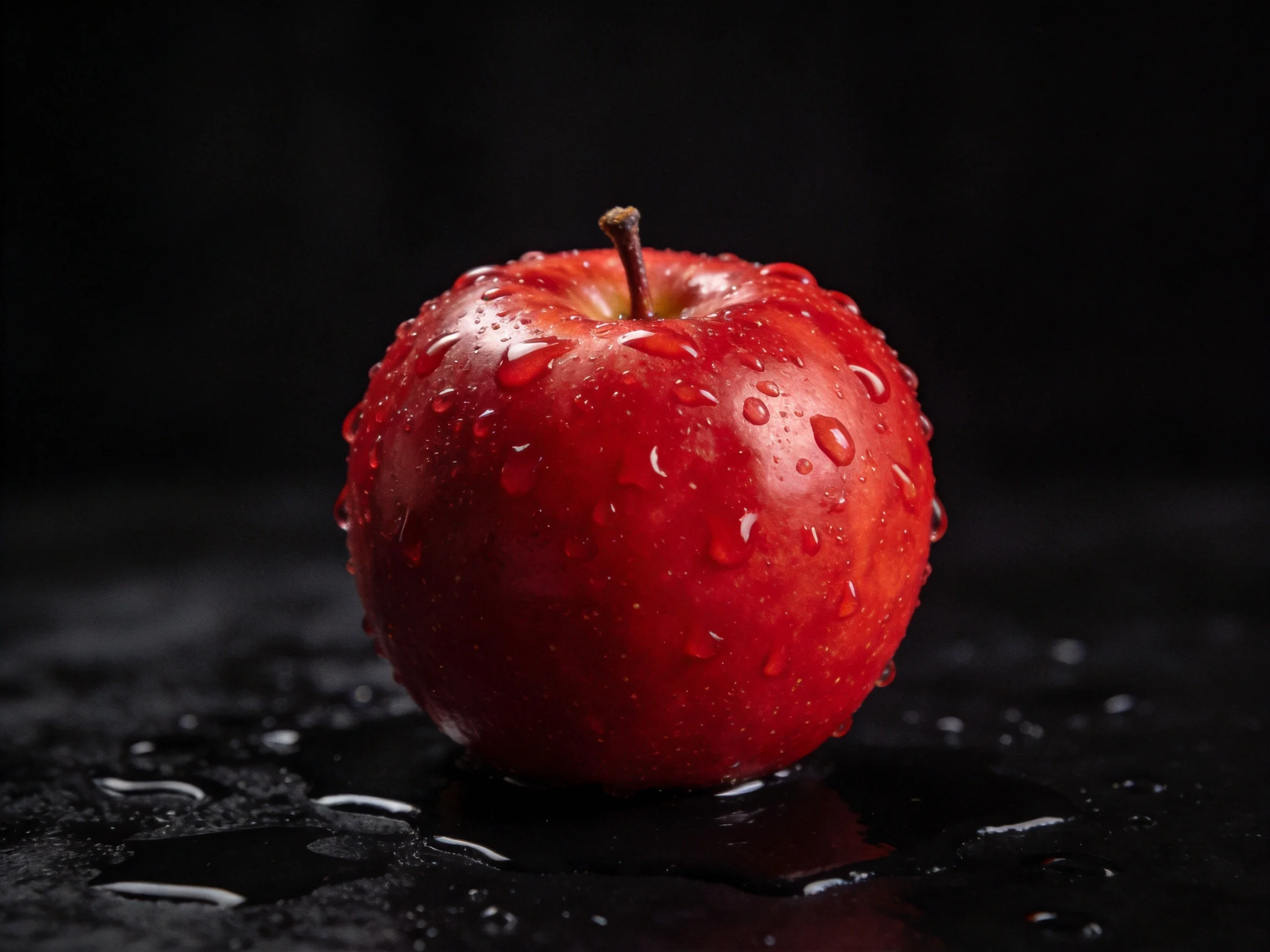 A glossy red apple covered in water droplets