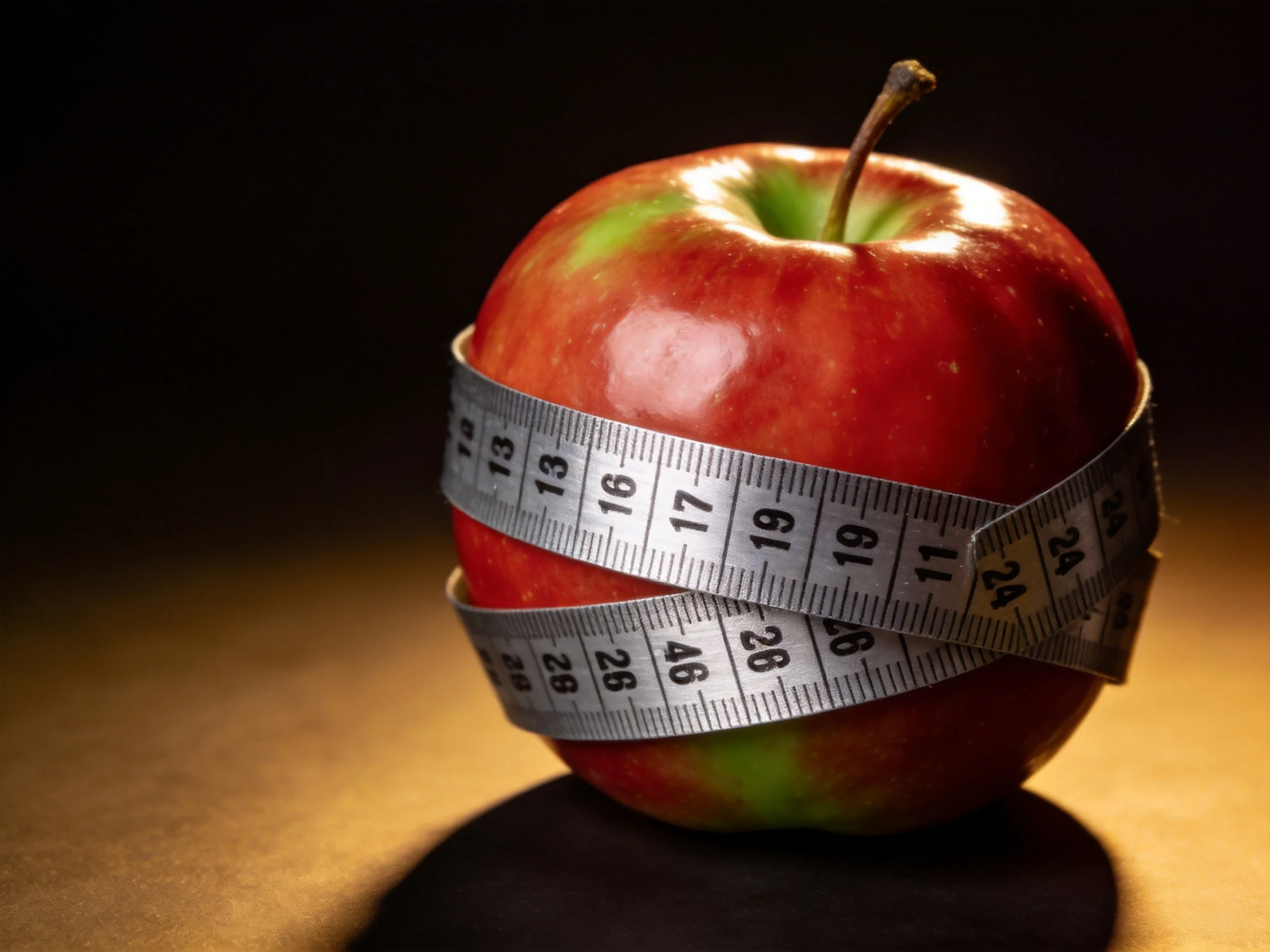 A glossy red apple encircled by a metallic measuring tape