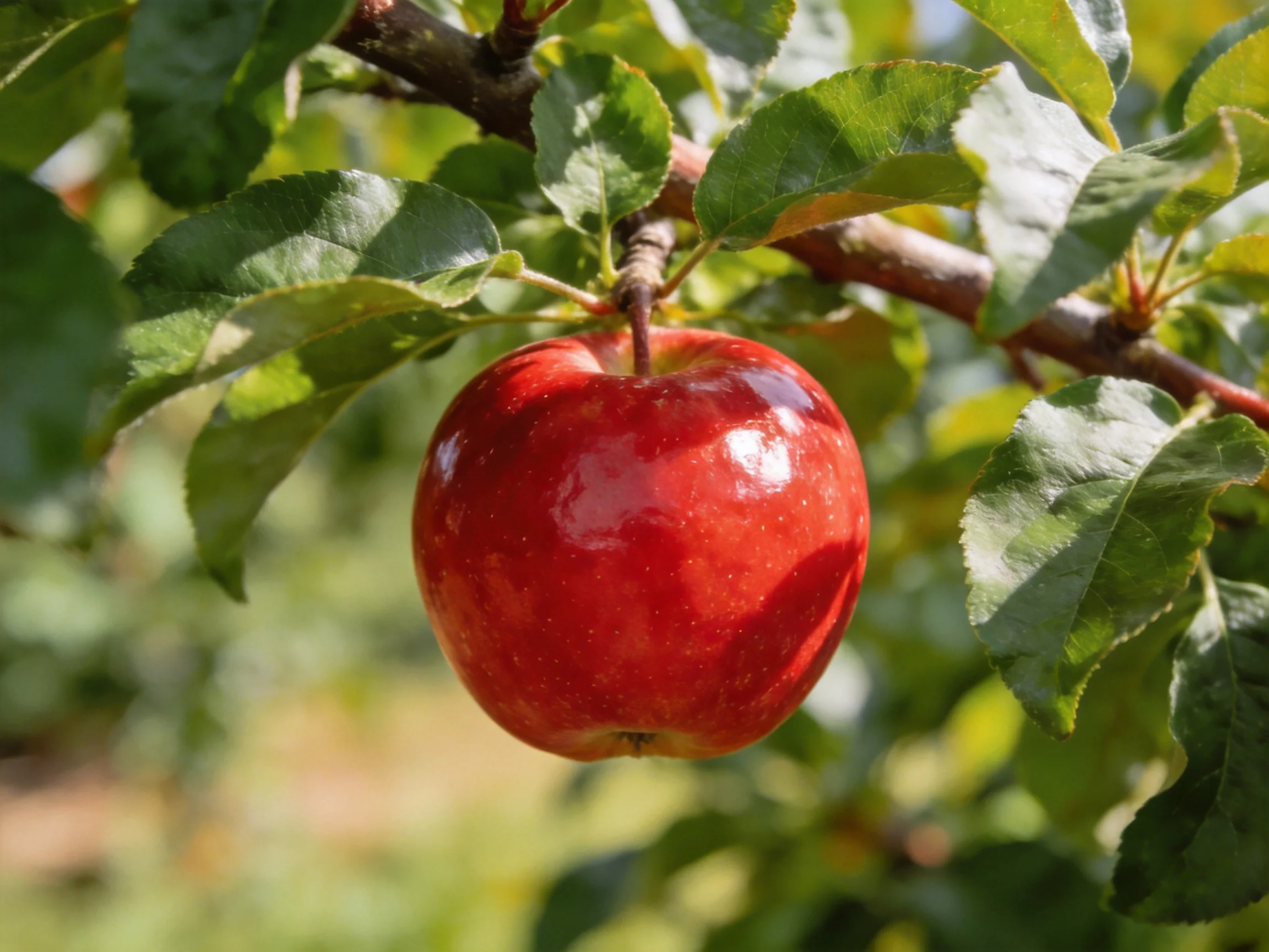 A glossy red apple hangs amid lush green leaves on a tree branch.