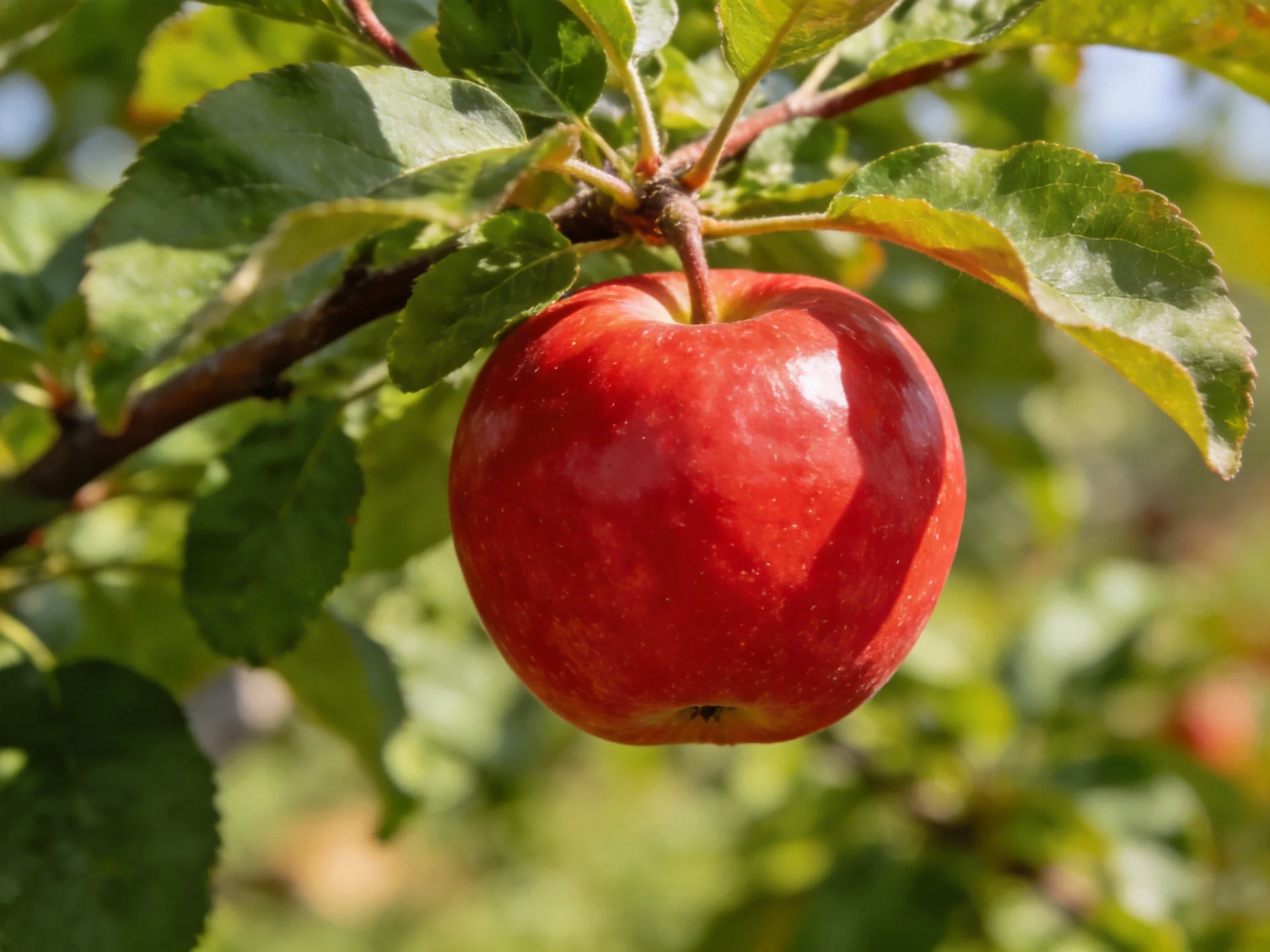 A glossy red apple hangs from a leafy apple tree branch