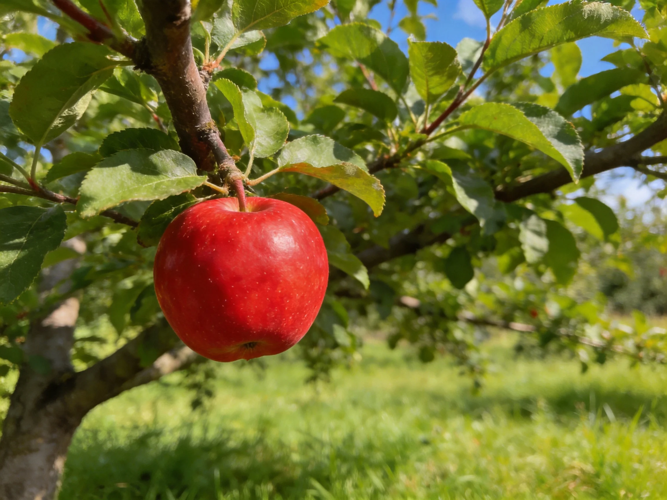 A glossy red apple hangs from a leafy apple tree in a sunlit orchard