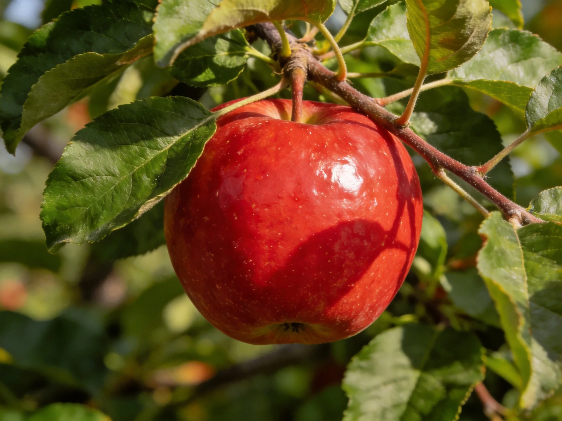 A glossy red apple hangs from a leafy tree branch